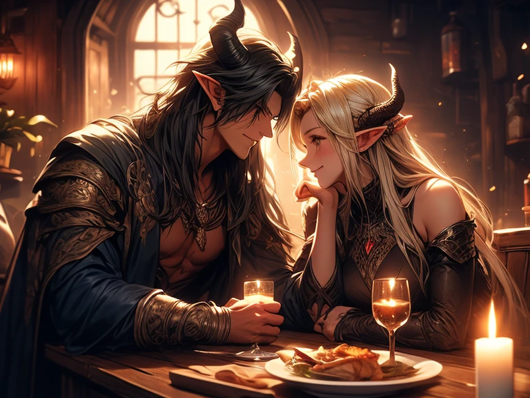 (wooden background (no windows) (no sunlight) (only candle light) a blue long haired male elf with muscles and demon horns wearing armor sitting next to blonde female elf in a tavern, they drink together very close, they are lovers, sitting close in a tavern, feast together, medieval tavern, lovers, dark tavern, only candle light, smiling bright, dark wooden tavern, no windows, sitting really close to eachother, sitting close