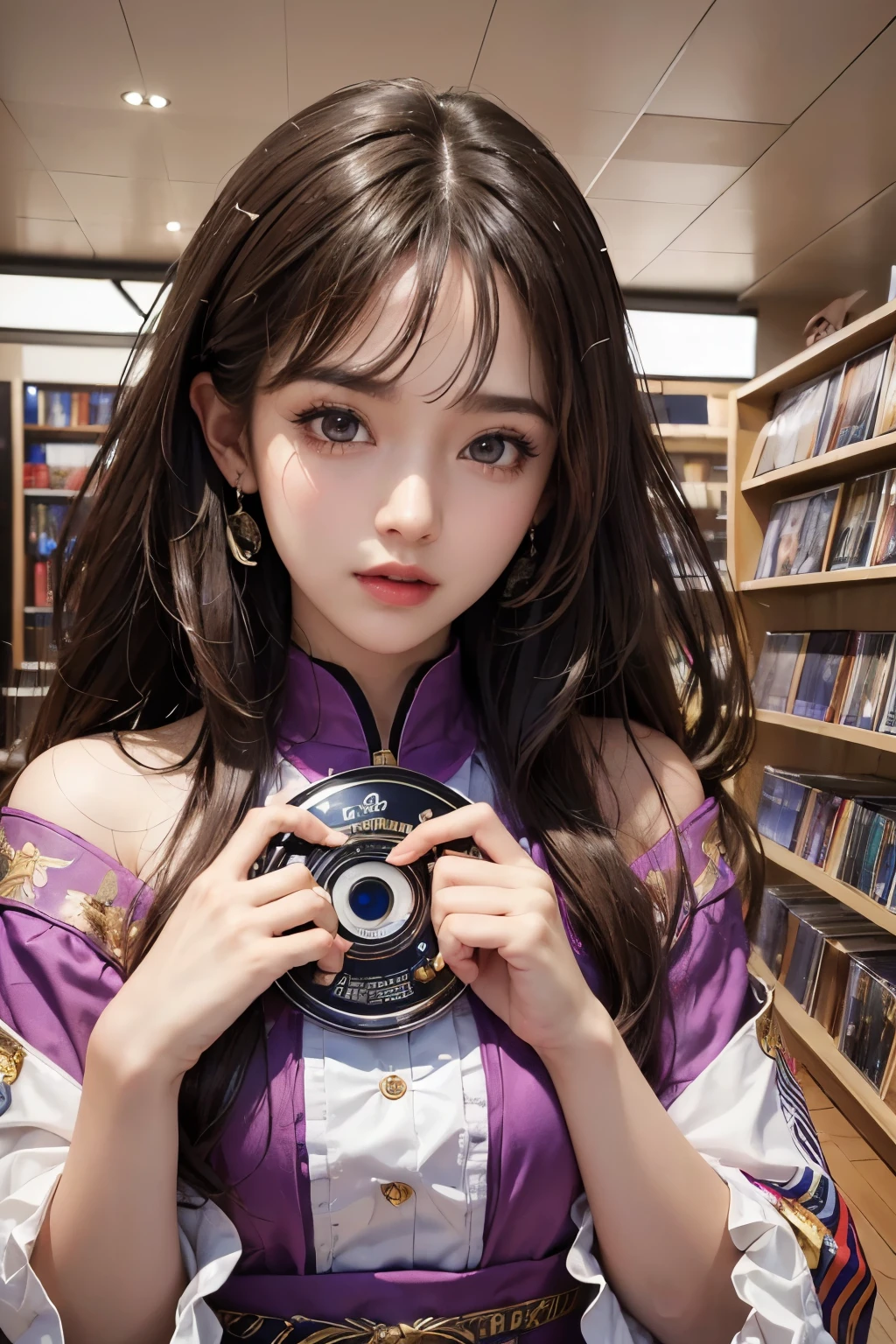 ((highest quality、8K、masterpiece:1.3))、standing、Sharp focus:1.2、(Realistic、Photorealistic:1.37)、Laughter、Woman with beautiful face、28 years old、Pointed Chest、Long eyelashes、Colored Contact Lenses、big 、Delicate、Very fine grain、Highly detailed eyebrows、（Sharp eyebrows）、（Thin eyebrows）.Highly detailed face、(Brunette messy hair:1.3、From below、Detailed Background(8K、masterpiece、highest quality、Raw photo、Brunette messy hair:1.3、(CD Shop:1.3)、(Idol Costumes:1.4)、(Selling CDs:1.4)、(NEW release:1.3)、(Handshake event:1.2)、