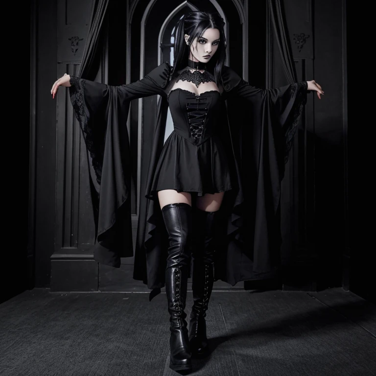 Girl in black gothic dress with big sleeves, black leggings, long boots and a very gothic aura