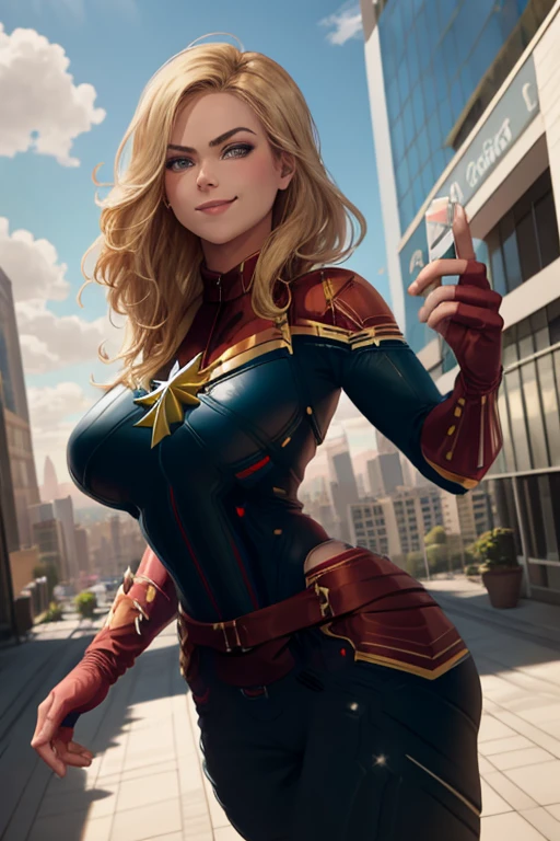 masterpiece, best quality, cptmarvel, bodysuit, red gloves, belt, large breasts, toned, smile, cowboy shot, looking at viewer, sky, cityscape, blue sky