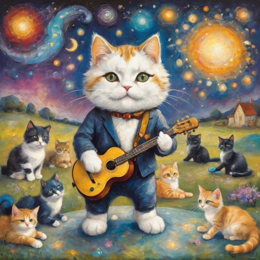 chibi, (((a chibi cute cat, facing forward))), colorful musical notes and instruments, musical notes, depicted with an ethereal and vibrant aura, ((surrounded by many other cats)), musical elements, singing, and playing musical instruments, the background is a cosmic scene with stars, galaxies, and nebulae, enhancing the sense of vastness, ((Marc Chagall style)), magical naive art, primitivism, protogen, ((Best quality, masterpiece)),
((((Highest detail), Impressionism:1,1, 8K