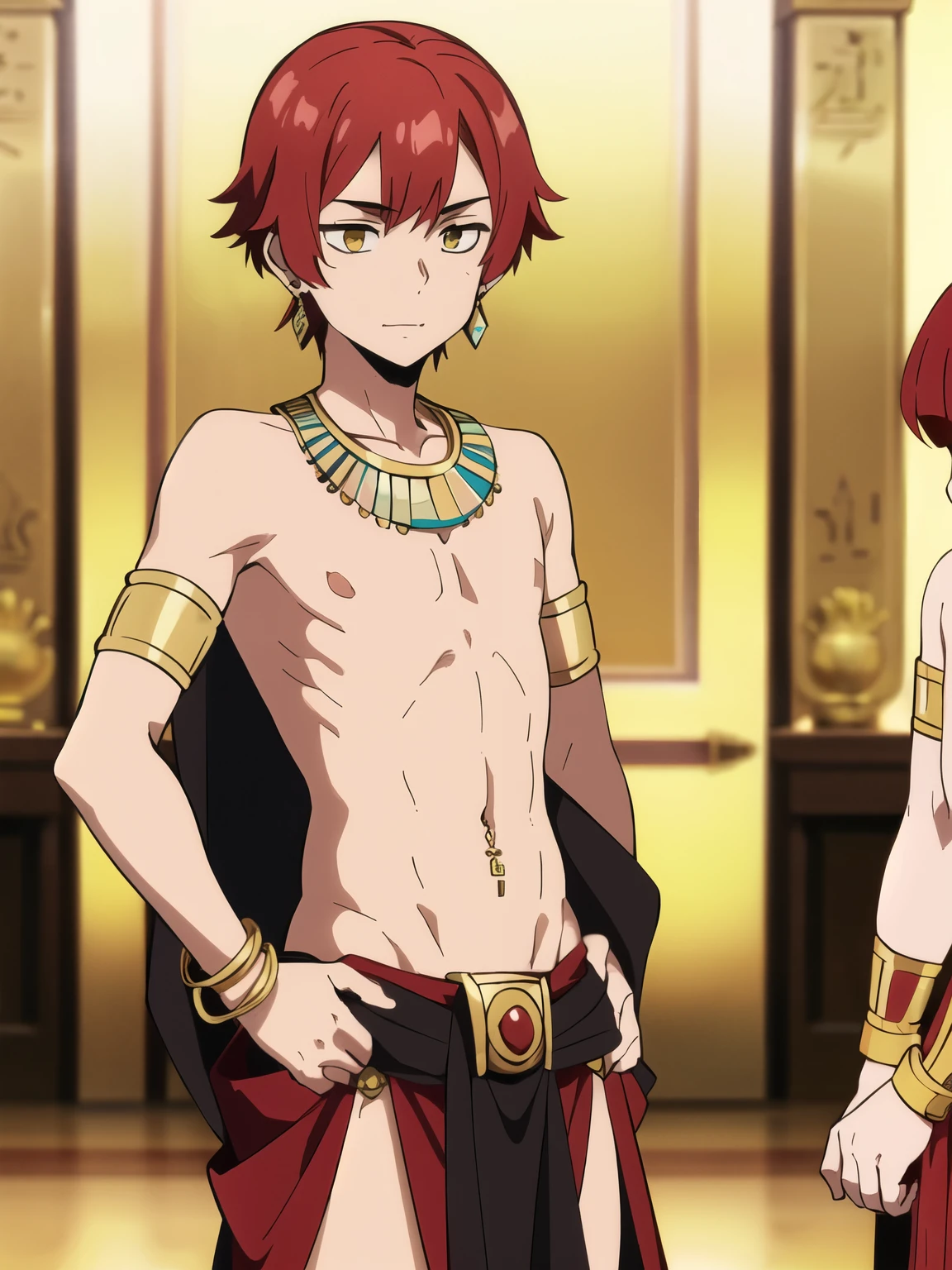 Highres, Masterpiece, Best quality at best,Best Quality,hight quality, hight detailed, 1boy, Boy,Fluffy hair, Side bangs, Shota, Solo person, Thin young boy without a shirt, Red hair, Egyptian palaces, Egyptian tribal luxury loincloth, earrings, bracelets, necklaces, navel piercing, (very young boy), boys, Blurry and simple beckground, bokeh, Uhd