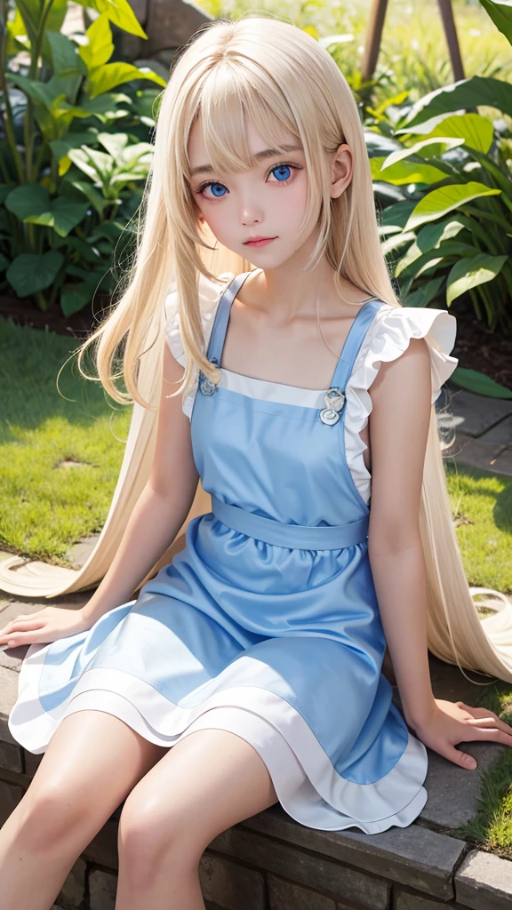 The Highest Quality、Ultra high Resolution、Photograph、Ultimate Beauty、Photo of a bright beautiful and cute beautiful girl、detailed Face、(PureErosface_V1:0.008)、Glossy white beautiful skin、Alice in Wonderland、13 years old、Beautiful bangs、Silky shiny platinum blonde super long straight hair、Beautiful light blue eyes that shine、white apron、blue dress、Leaning forward、Mid-chest、Looked、White swimsuit、valley