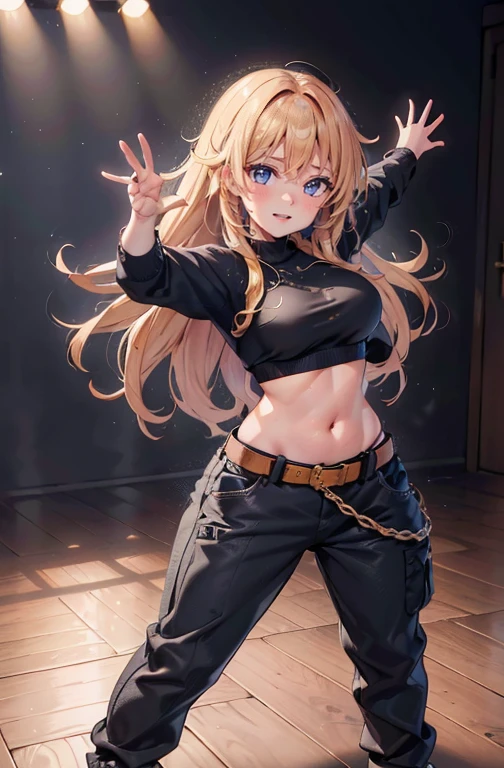 fundo da parede,(Intense dance movement:1.3),open your hands and move them widely,
Adicione efeitos de desfoque de movimento para simular movimento,fora do ombro,umbigo aparece,Loose lace sweater,belt cargo pants,Dance moves disturb fantasies,Messy hair,Cabelo curto com listras castanho claro e laranja brilhante,(Um sorriso que deixa as pessoas felizes:1.3),seios grandes e cheios,(em 8K, Foto CRU, mais alta qualidade, tampo da mesa,ultra hd),studio lighting,cinematic lighting,(realista, Fotorreal),Single Lens Reflex Digital Camera,looking at the camera,beautiful hands,lindos dedos,Detailed finger functions,Detailed characteristics of the outfit,Detailed characteristics of hair,detailed facial features,