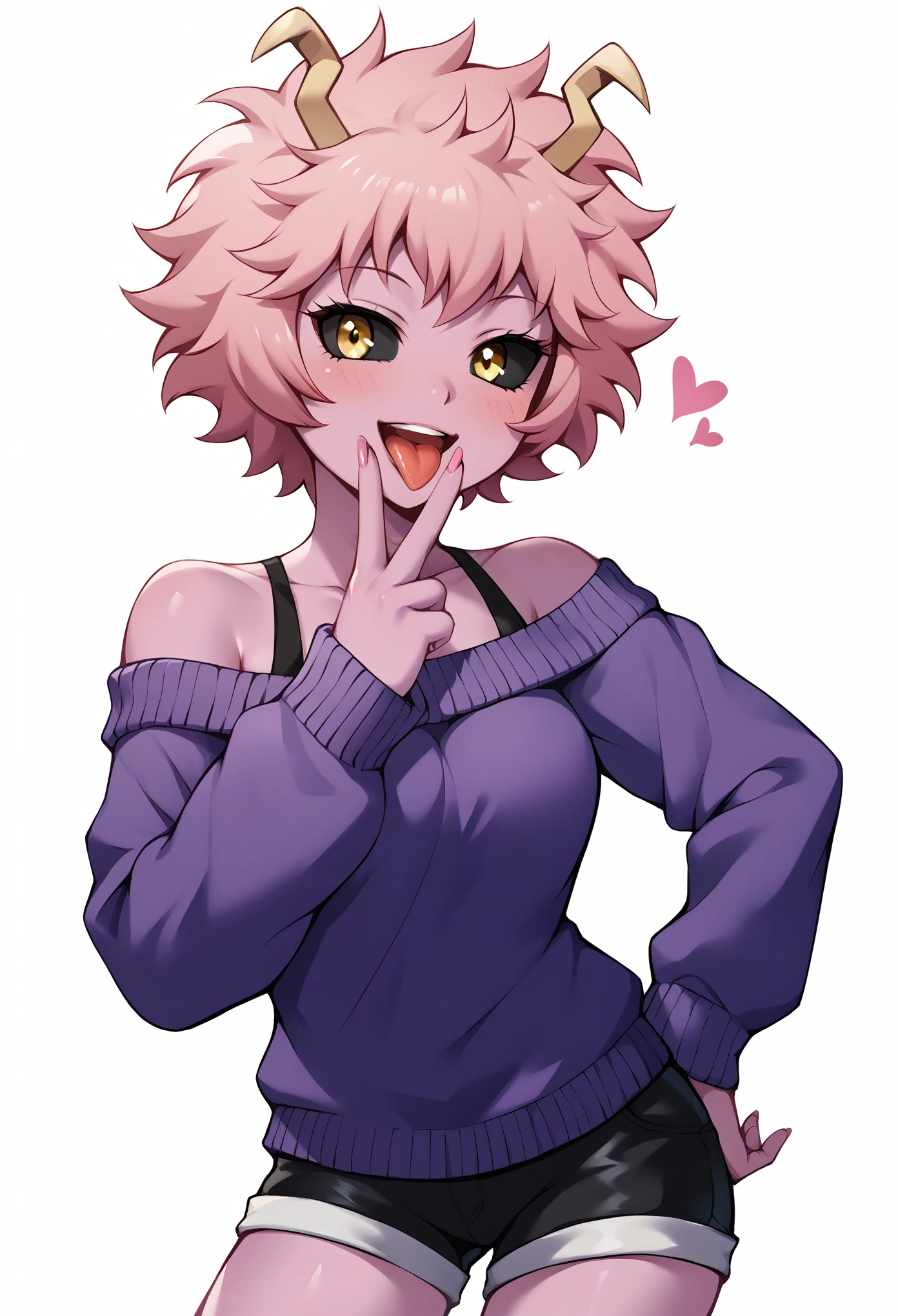 score_9, score_8_up, score_7_up, rating_explicit, female, mina ashido, 1girl, solo, looking at viewer, smile, short hair, open mouth, simple background, long sleeves, white background, bare shoulders, collarbone, yellow eyes, pink hair, :d, heart, cowboy shot, horns, shorts, off shoulder, sweater, hand on hip, v, colored skin, black shorts, colored sclera, black sclera, off-shoulder sweater, pink skin, v over eye, purple sweater,, cunnilingus gesture, open mouth, tongue, tongue out