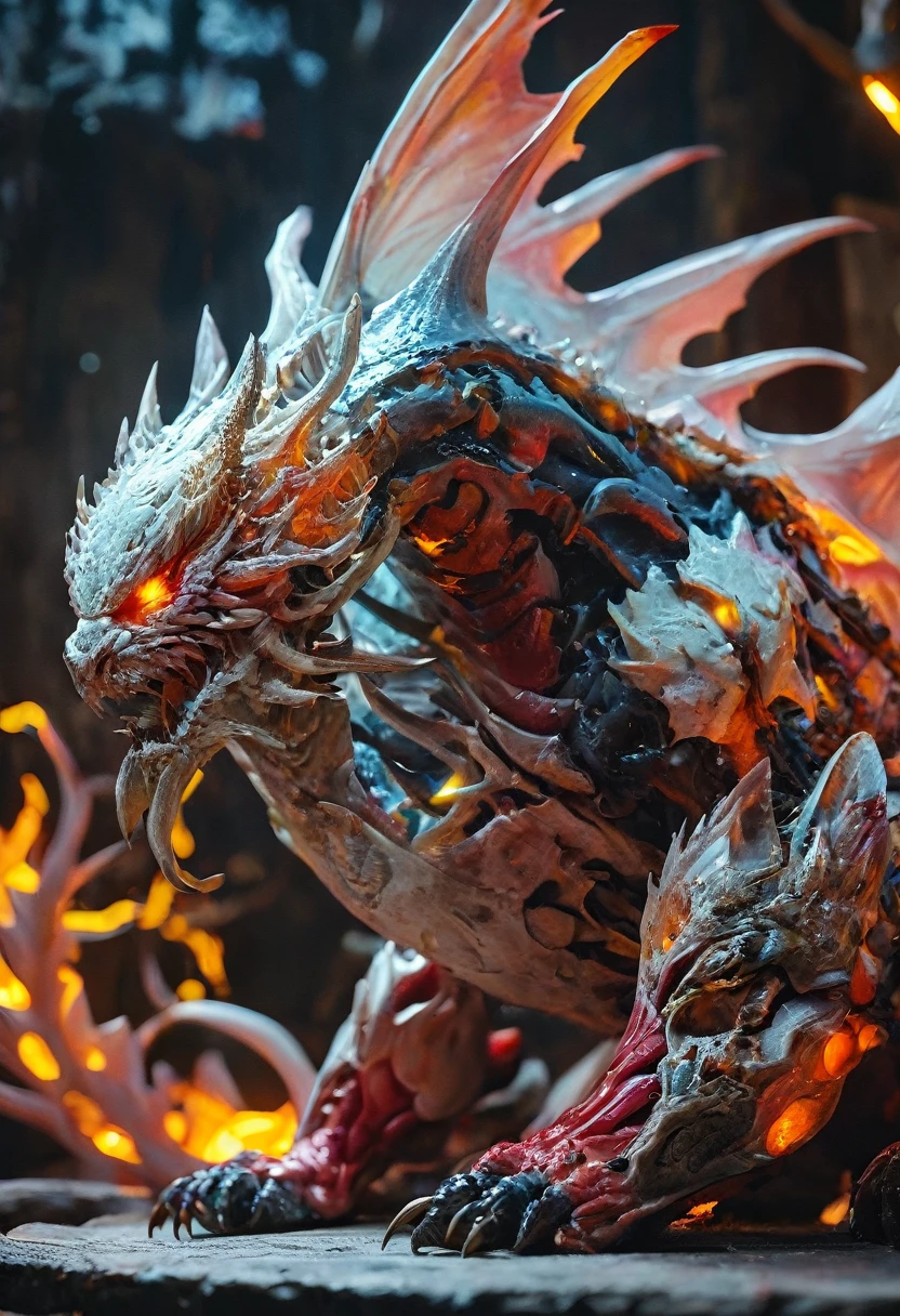 (highest quality,4K,8k,High resolution,masterpiece:1.2), Super detailed, (Realistic,photoRealistic,photo-Realistic:1.37), white creature, Otherworldly, Lovecraft, Chitinous Skin, Bioluminescence Pattern, Dark color palette, Spooky lighting.(Browsing Caution:1.4), white, pink, orange, Very long and sharp red claws, Big Claws, Her body is bioluminescent. Moisturized Skin, (Extremely detailed and intricate skin patterns:1.2), (Translucent chitinous exoskeleton:1.3), (Very small waist:1.4), (Destroyed Anatomy:1.5), violent, erotic,Spider claws growing from its body:1.5,