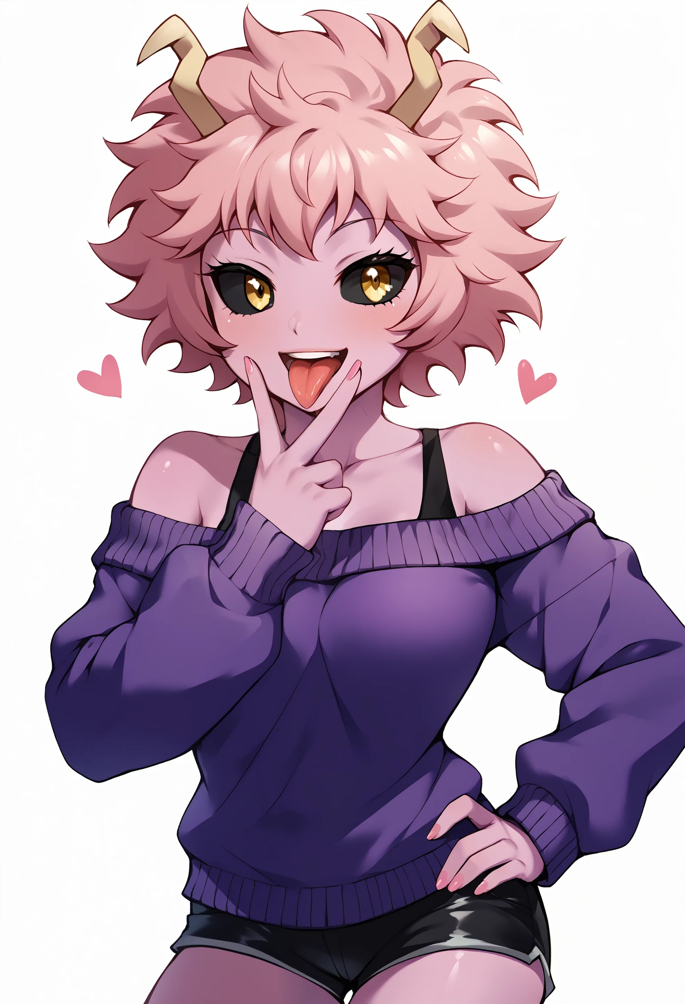 score_9, score_8_up, score_7_up, rating_explicit, female, mina ashido, 1girl, solo, looking at viewer, smile, short hair, open mouth, simple background, long sleeves, white background, bare shoulders, collarbone, yellow eyes, pink hair, :d, heart, cowboy shot, horns, shorts, off shoulder, sweater, hand on hip, v, colored skin, black shorts, colored sclera, black sclera, off-shoulder sweater, pink skin, v over eye, purple sweater,, cunnilingus gesture, open mouth, tongue, tongue out