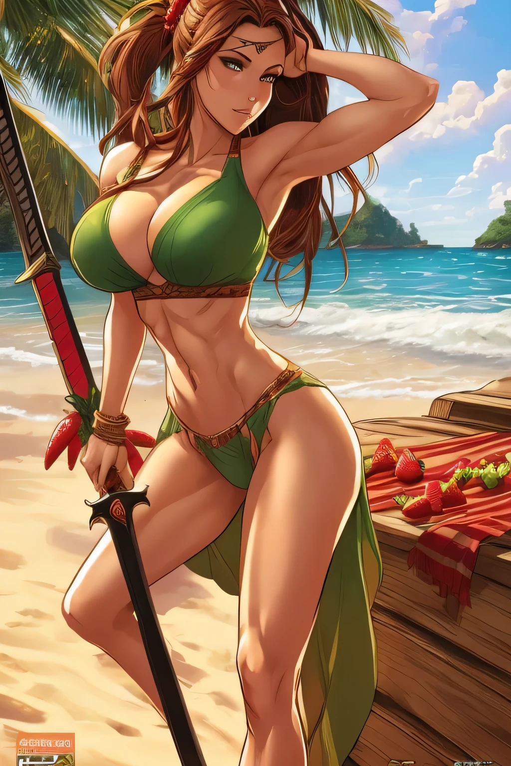 comic page, beautiful amazon female, (fit body), ((((slim legs)))), dynamic pose, ponytail hair long, strawberry brunette, beach setting, very large perky breast, cleavage, thong, sword, sexy, seductive, green eyes, confident, stoic,