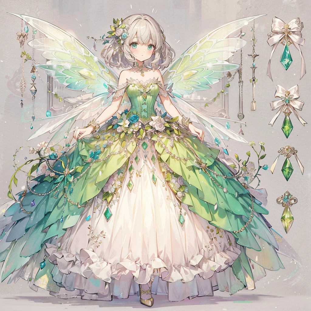 (Exquisite, beautiful, Very detailed, masterpiece, high quality,High resolution),(Beautiful dress design illustration in vibrant colors in pastel colors on a light gray background),A girl with fairy wings is wearing a long dress with a bright emerald-colored draped peplum on the bottom of the corset, decorated with ribbons and peridots, and a fluffy white pannier underneath. The corset is decorated with peridots., A pretty princess dress inspired by peridot,