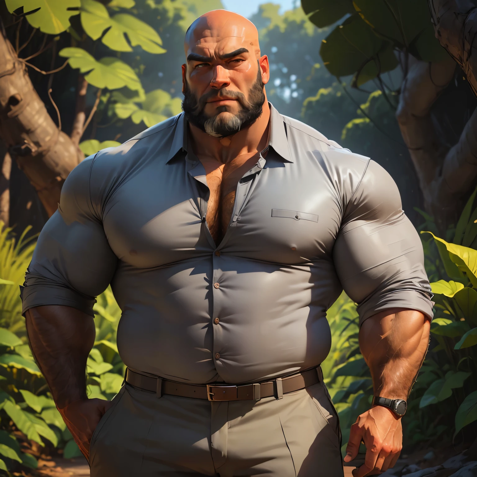 an exaggeratedly muscular and large bodyguard, grizzly old man, (bald: 1.2), beard, tan skin, (scars on face: 1.1), (suspicious expression: 1.1), (wearing grey collared shirt: 1.2), pants with belt, (crotch bulge: 1.2), (bara pecs: 1.3), (hairy chest and forearms: 1.2), close-up portrait HD, in the jungle