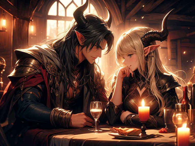 (wooden background (no windows) (no sunlight) (only candle light) a blue long haired male elf with muscles and demon horns wearing armor sitting next to blonde female elf in a tavern, they drink together very close, they are lovers, sitting close in a tavern, feast together, medieval tavern, lovers, dark tavern, only candle light, smiling bright, dark wooden tavern, no windows, sitting really close to eachother, sitting close