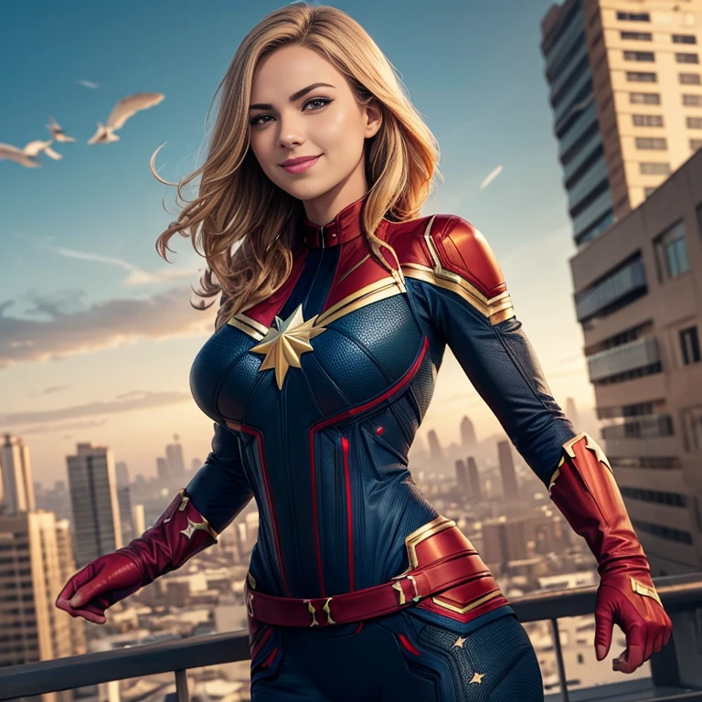 masterpiece, best quality, cptmarvel, bodysuit, red gloves, belt, large breasts, toned, smile, cowboy shot, looking at viewer, sky, cityscape, blue sky