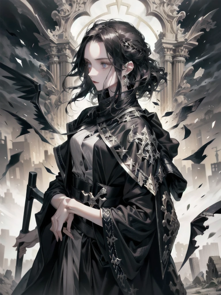 (ruined city), grim reaper, black scythe, robe, absurdres, RAW photo, extremely delicate and beautiful, masterpiece, Best Quality, ultra high resolution, 32k, hyperrealistic, ultra-detailed, detailed description, pale skin, 20 years old, tearful mole, earring, short medium hair, wavy hair, whole body shot,