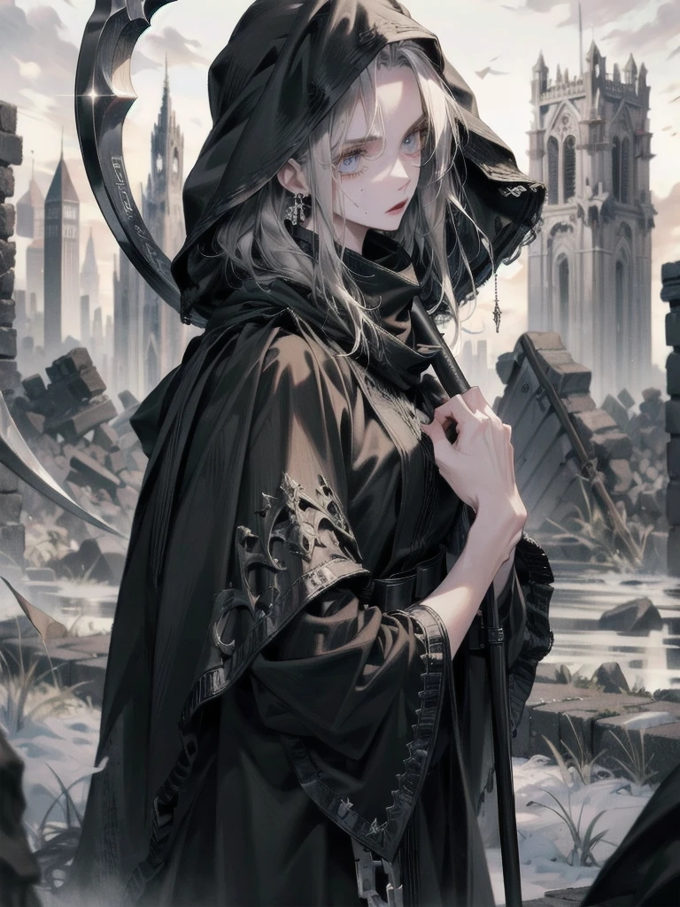 (ruined city), grim reaper, black scythe, robe, absurdres, RAW photo, extremely delicate and beautiful, masterpiece, Best Quality, ultra high resolution, 32k, hyperrealistic, ultra-detailed, detailed description, pale skin, 20 years old, tearful mole, earring, short medium hair, wavy hair, whole body shot,
