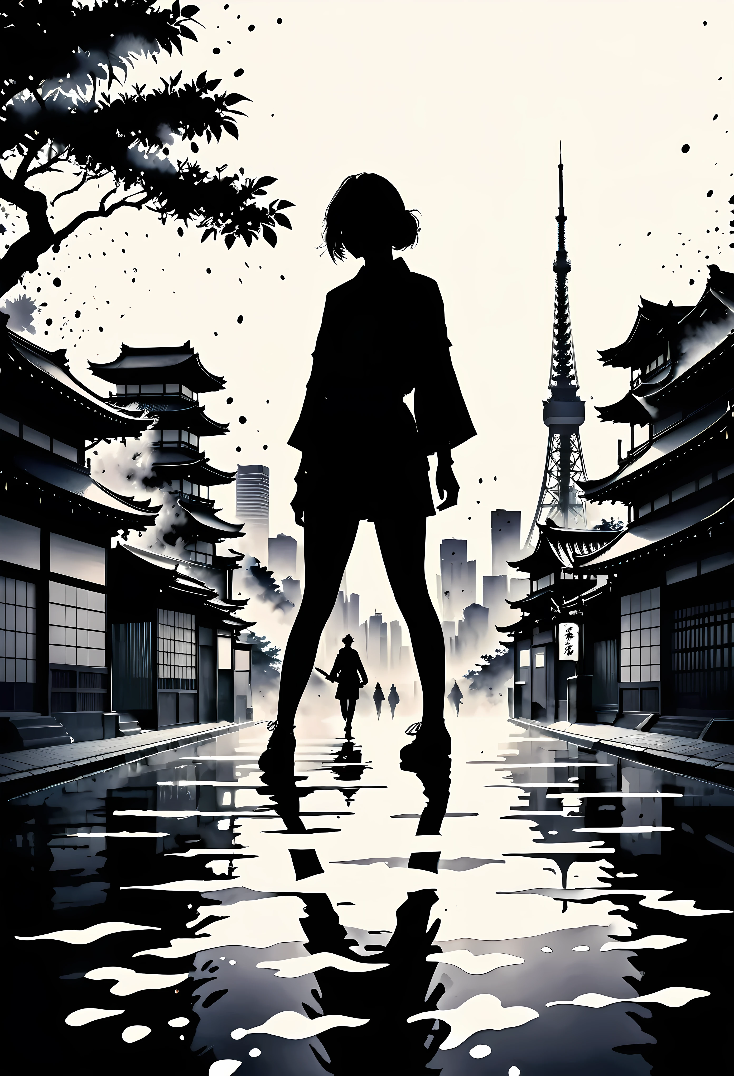 (Masterpiece in maximum 16K resolution:1.6),((ink_splatter_art):1.3),((Tokyo_paint_splatter_art):1.5) ((darkest_insane_silhouette_illustration):1.2),(intricate detail:1.4), (extremely insane detail:1.4),(highest quality:1.3),(Hyper_realistic:1.3). | ((Black and white):1.5), Japanese_ink_art, (Tokyo City), subtle details, Japanese art style background, soft lighting, captivating composition, Tokyo silhouette, artistic interpretation. | ((silhoutte_of_Tokyo_City__in_ink_splatter_art):1.5), Japanese art decorations, dark decorations, each art detailed and rendered with a masterful gouache technique, silhoutte art behance,surreal, It gives an exotic aura. | (perfect_fingers:1.0), (perfect_legs:1.0), better_hands, More_Detail.