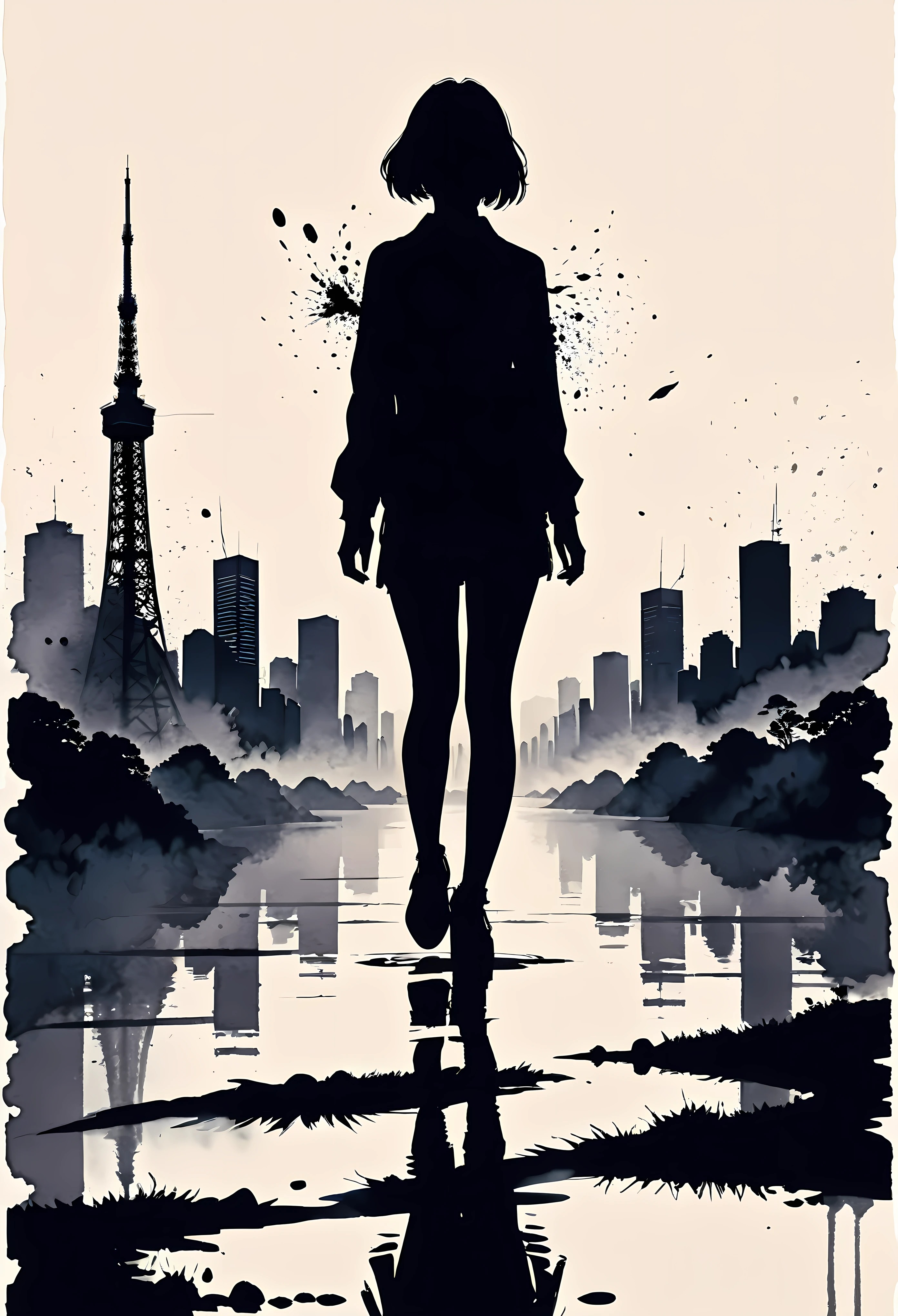 (Masterpiece in maximum 16K resolution:1.6),((ink_splatter_art):1.3),((Tokyo_paint_splatter_art):1.5) ((darkest_insane_silhouette_illustration):1.2),(intricate detail:1.4), (extremely insane detail:1.4),(highest quality:1.3),(Hyper_realistic:1.3). | ((Black and white):1.5), Japanese_ink_art, (Tokyo City), subtle details, Japanese art style background, soft lighting, captivating composition, Tokyo silhouette, artistic interpretation. | ((silhoutte_of_Tokyo_City__in_ink_splatter_art):1.5), Japanese art decorations, dark decorations, each art detailed and rendered with a masterful gouache technique, silhoutte art behance,surreal, It gives an exotic aura. | (perfect_fingers:1.0), (perfect_legs:1.0), better_hands, More_Detail.