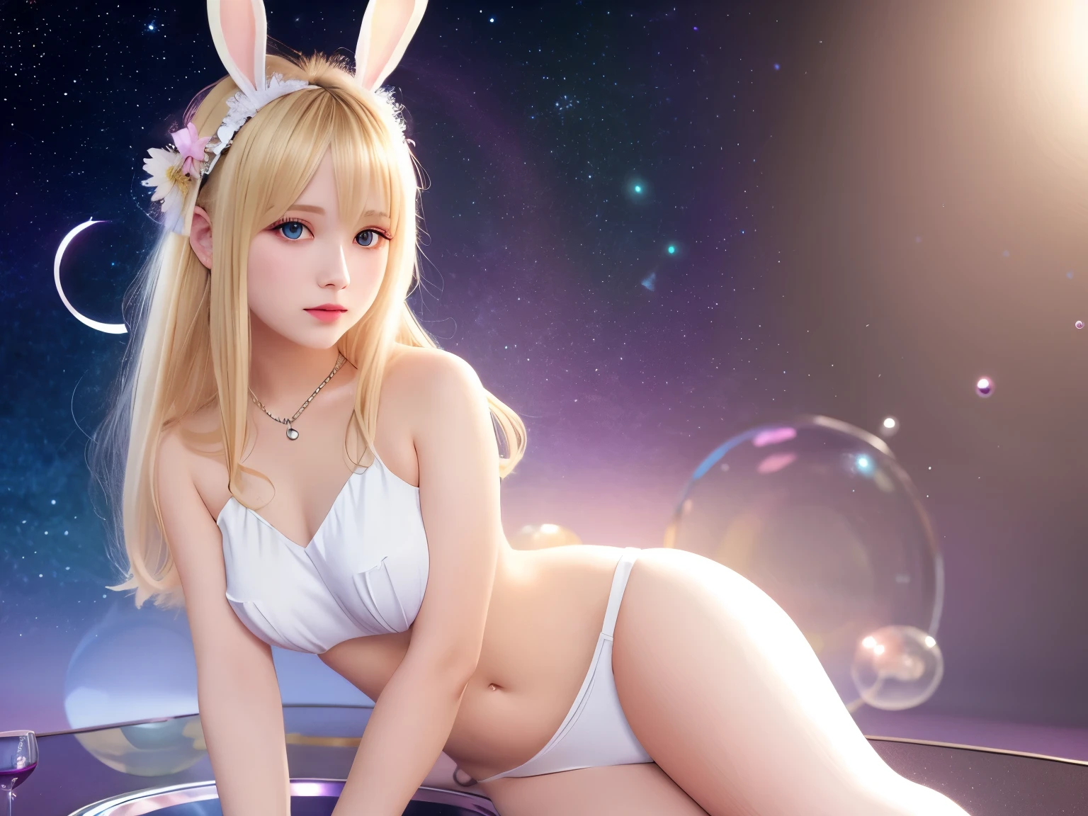 Tabletop, highest quality, (Realistic:1.2), Cute blonde girl , Fantasy tones, pale dull colors, shiny colors, magic circle, bubble, White smoke , Bunny ears、Clothes with shoulder tops