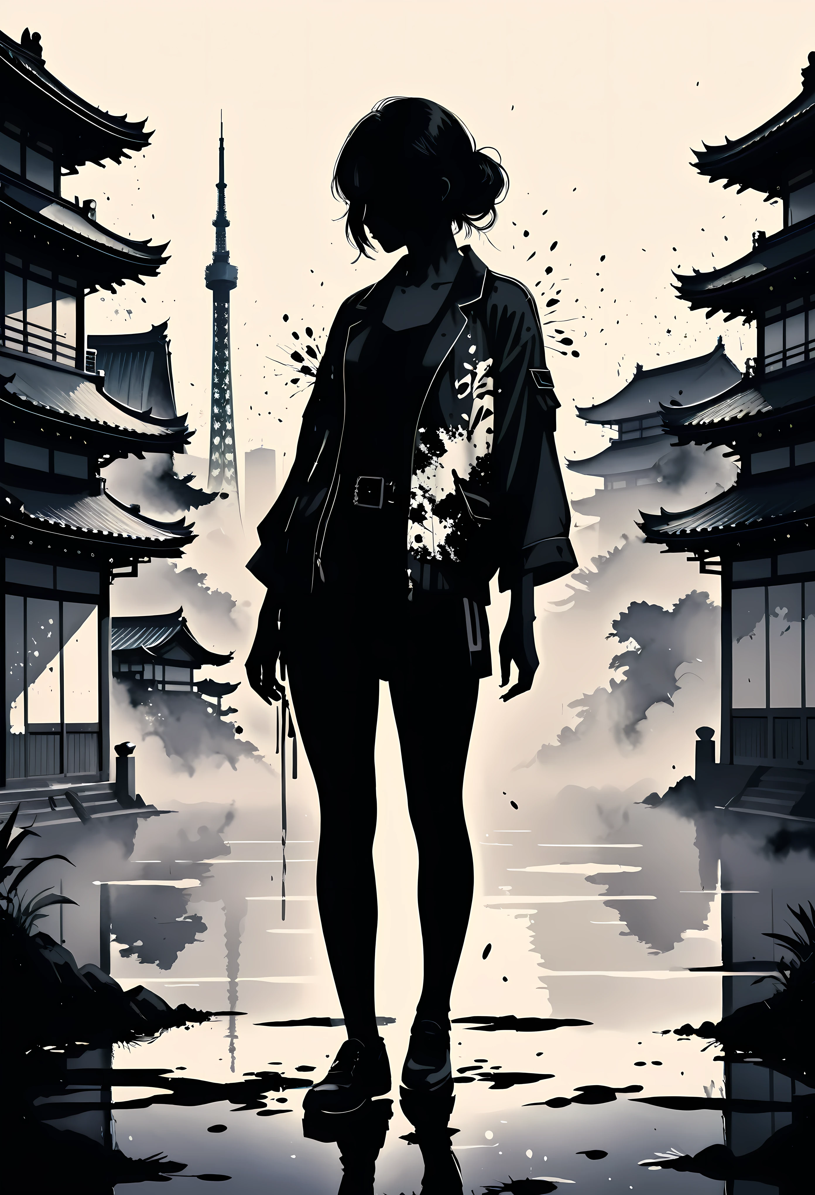 (Masterpiece in maximum 16K resolution:1.6),((ink_splatter_art):1.3),((Tokyo_paint_splatter_art):1.5) ((darkest_insane_silhouette_illustration):1.2),(intricate detail:1.4), (extremely insane detail:1.4),(highest quality:1.3),(Hyper_realistic:1.3). | ((Black and white):1.5), Japanese_ink_art, (Tokyo City), subtle details, Japanese art style background, soft lighting, captivating composition, Tokyo silhouette, artistic interpretation. | ((silhoutte_of_Tokyo_City__in_ink_splatter_art):1.5), Japanese art decorations, dark decorations, each art detailed and rendered with a masterful gouache technique, silhoutte art behance,surreal, It gives an exotic aura. | (perfect_fingers:1.0), (perfect_legs:1.0), better_hands, More_Detail.