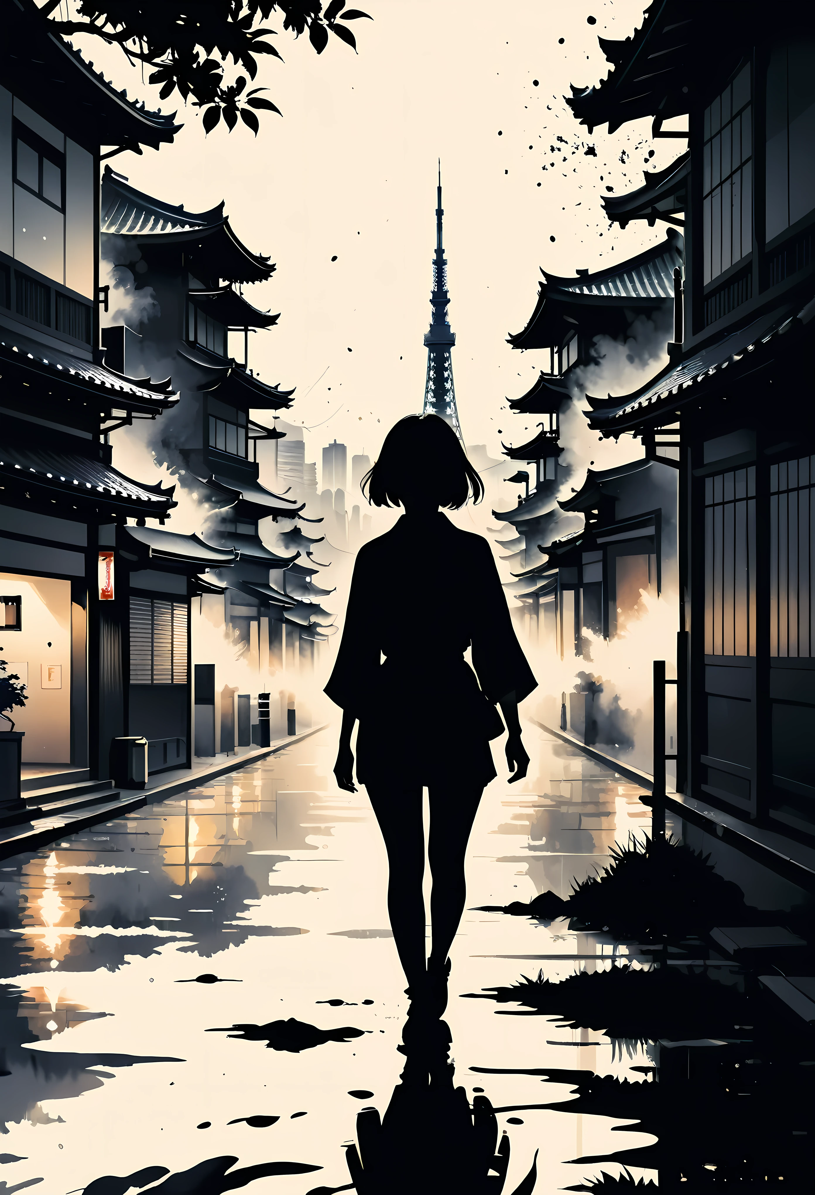 (Masterpiece in maximum 16K resolution:1.6),((ink_splatter_art):1.3),((Tokyo_paint_splatter_art):1.5) ((darkest_insane_silhouette_illustration):1.2),(intricate detail:1.4), (extremely insane detail:1.4),(highest quality:1.3),(Hyper_realistic:1.3). | ((Black and white):1.5), Japanese_ink_art, (Tokyo City), subtle details, Japanese art style background, soft lighting, captivating composition, Tokyo silhouette, artistic interpretation. | ((silhoutte_of_Tokyo_City__in_ink_splatter_art):1.5), Japanese art decorations, dark decorations, each art detailed and rendered with a masterful gouache technique, silhoutte art behance,surreal, It gives an exotic aura. | (perfect_fingers:1.0), (perfect_legs:1.0), better_hands, More_Detail.