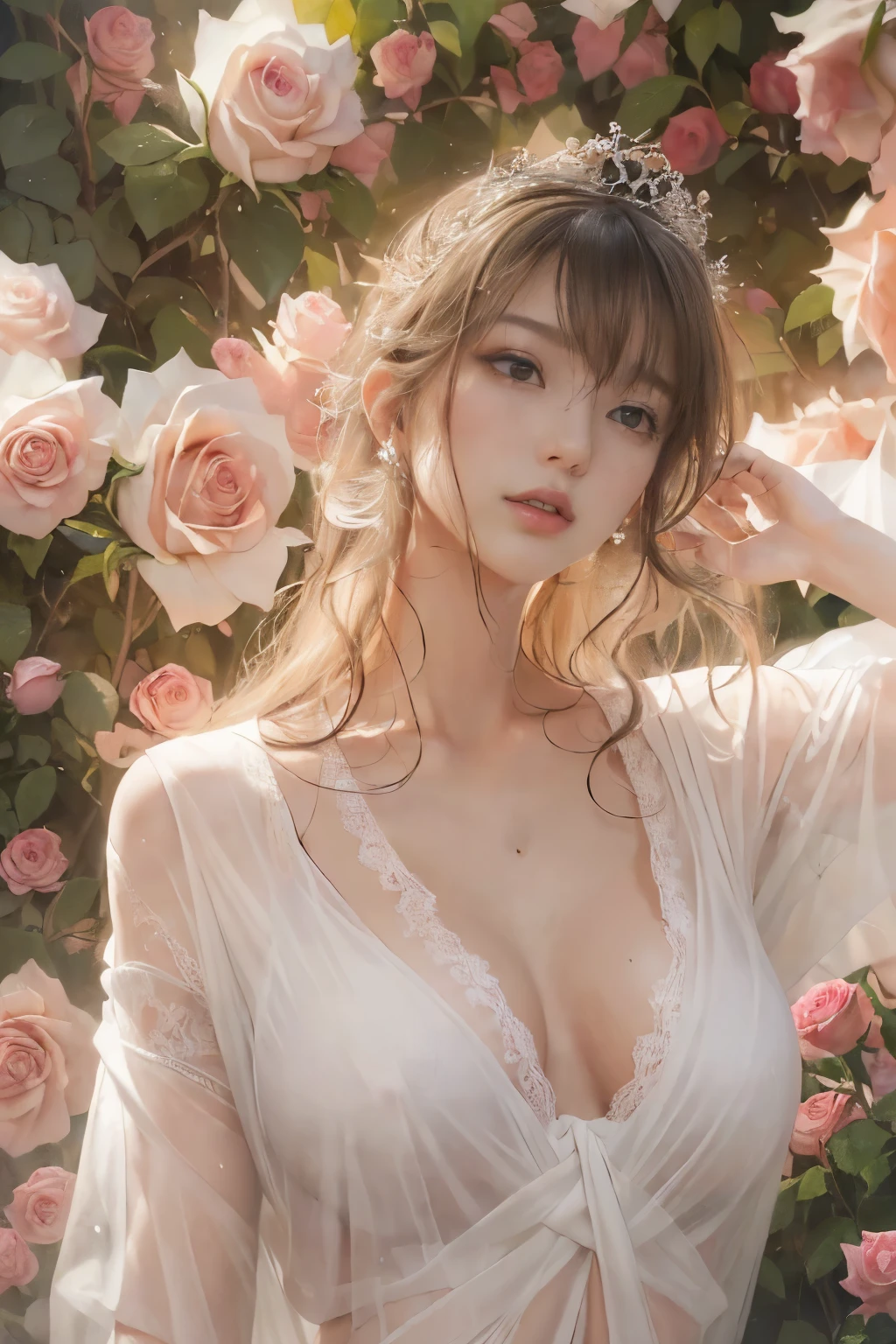 (8k, highest quality, masterpiece)，{Realistic, RAW Photos, Super Fine Clear, Portraiture, (Oil painting, Delicate brushwork, small touch, Beauty Painting, Yasutomo Oka's painting style:1.6)}, Realistic Light, Detailed skin, (Beautiful woman with slim body, Age 25, Greek Goddess:1.5), Thin legs, fine grain, Long white wavy hair, Detailed fingers, thin, Sexual, Expressions of Ecstasy, (Dynamic and sexy pose, Alluring, Indulgent, Decadent, Sensual, Luscious,Fascinating:1.6), (super-huge Bouncy Firm Bust:1.8), (sexy see-through long dress,:1.2),(The dress has a wide opening at the chest;1.6), Exposing the breasts, sweat, (Paradise, Rose Garden:1.6), Wide and beautiful view,