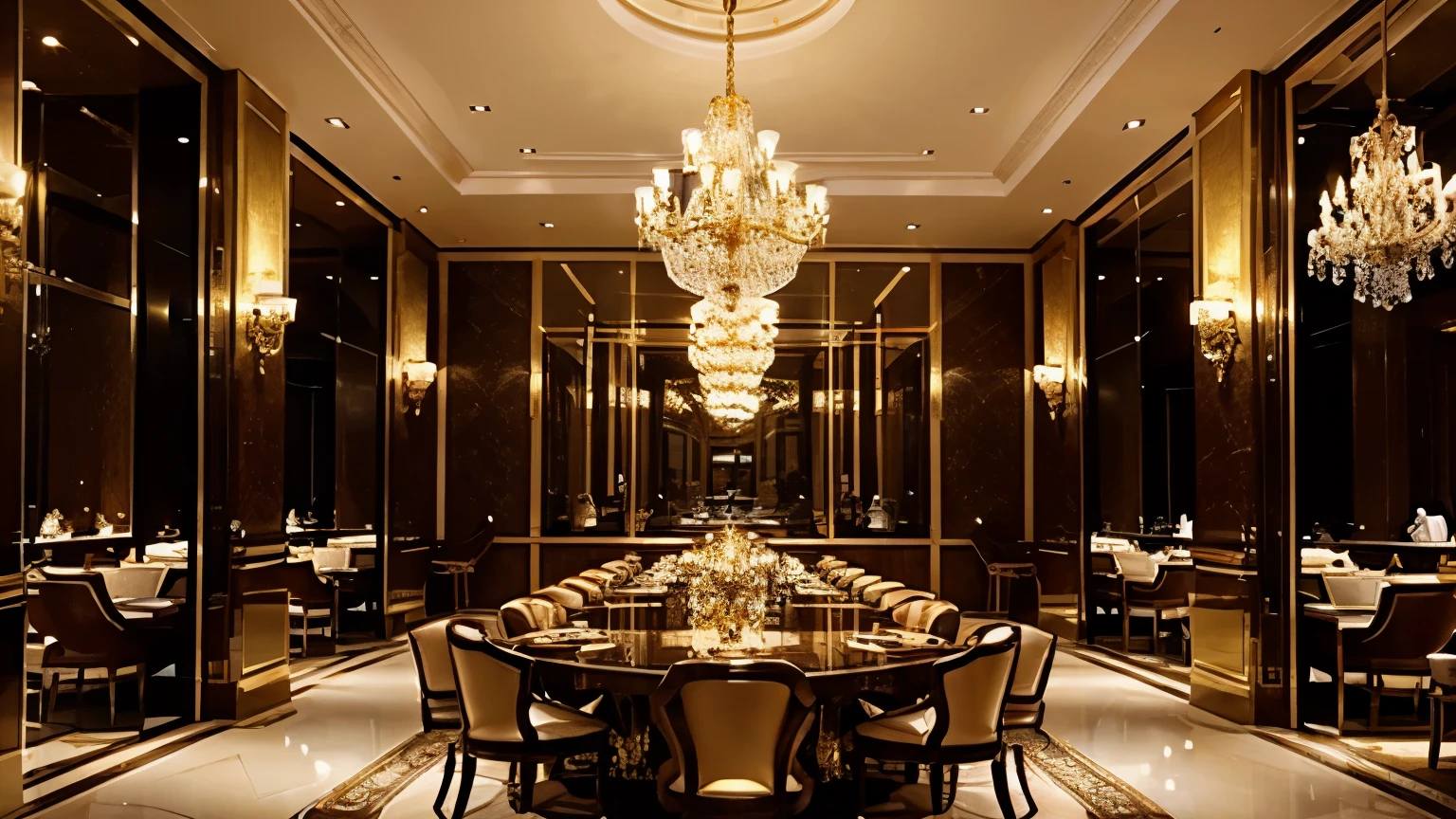 A large golden luxury restaurant with golden chandeliers