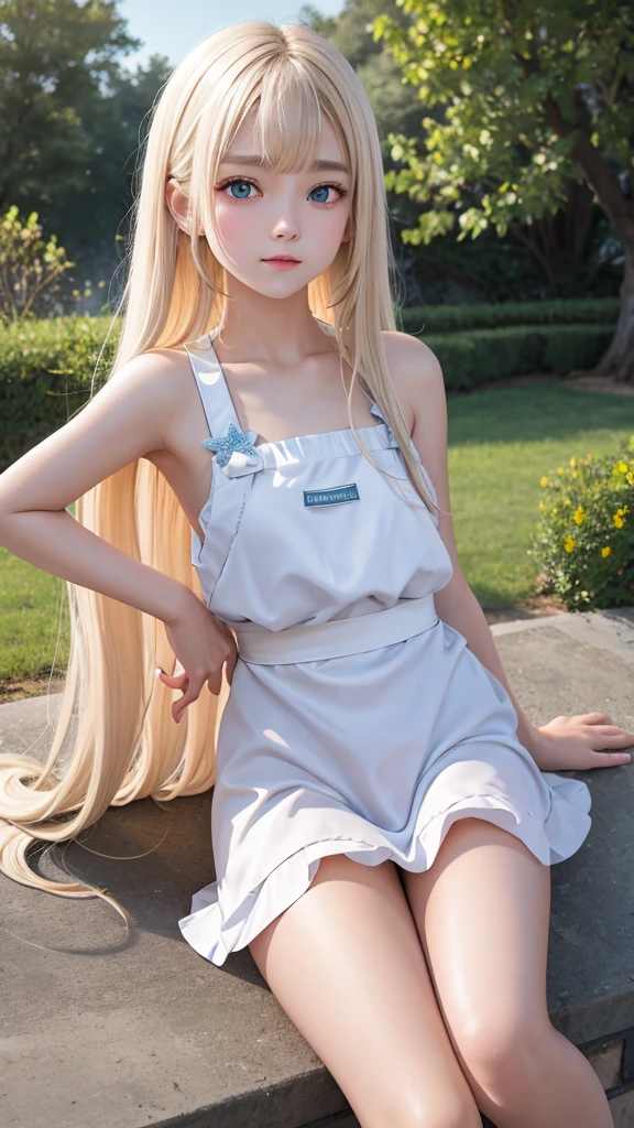 The Highest Quality、Ultra high Resolution、Photograph、Ultimate Beauty、Photo of a bright beautiful and cute beautiful girl、detailed Face、(PureErosface_V1:0.008)、Glossy white beautiful skin、Alice in Wonderland、13 years old、Beautiful bangs、Silky shiny platinum blonde super long straight hair、Beautiful light blue eyes that shine、white apron、White school swimsuit、Leaning forward、Mid-chest、
