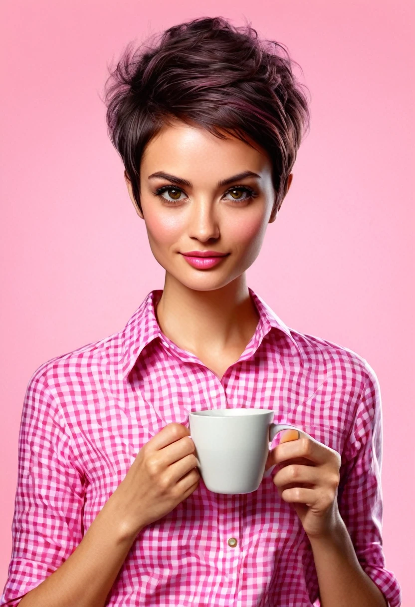 crea una mujer con pelo corte pixie ,con camisa rosa , con una taza de cafe ,obra maestra, estilo ilustracion de Ali Erturk, alto detalle, hiperrealista, luz natural,ilustracion , colores llamativos