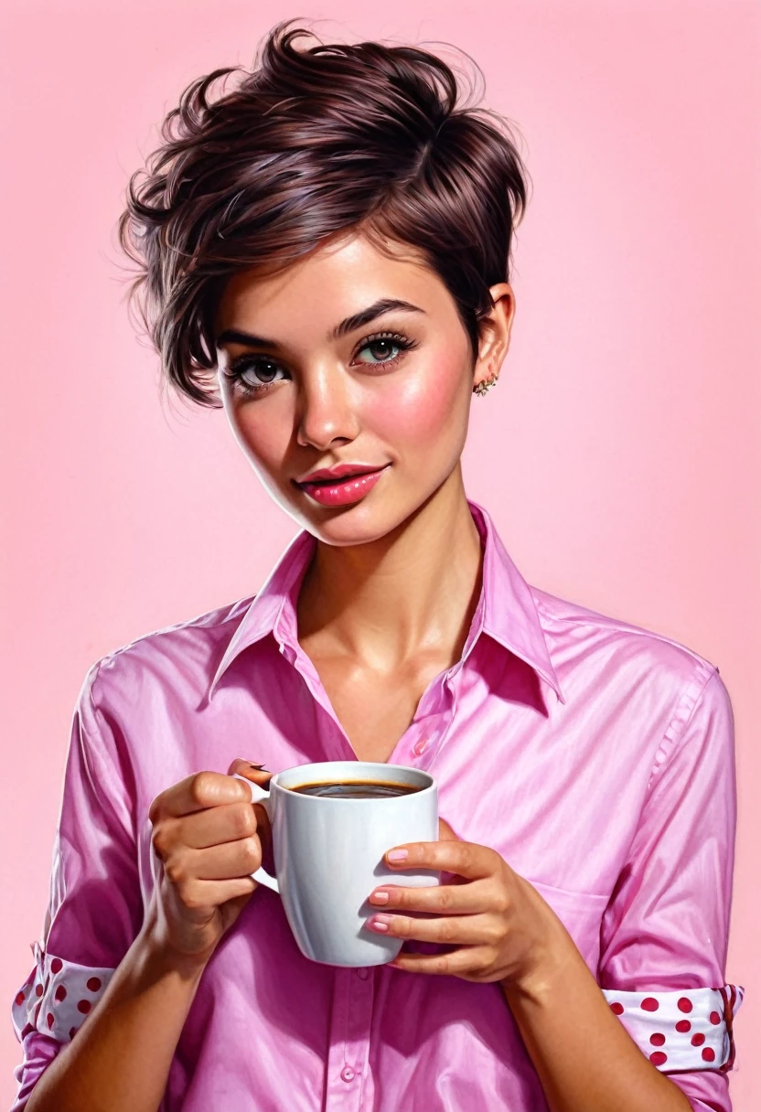 crea una mujer con pelo corte pixie ,con camisa rosa , con una taza de cafe ,obra maestra, estilo ilustracion de Ali Erturk, alto detalle, hiperrealista, luz natural,ilustracion , colores llamativos