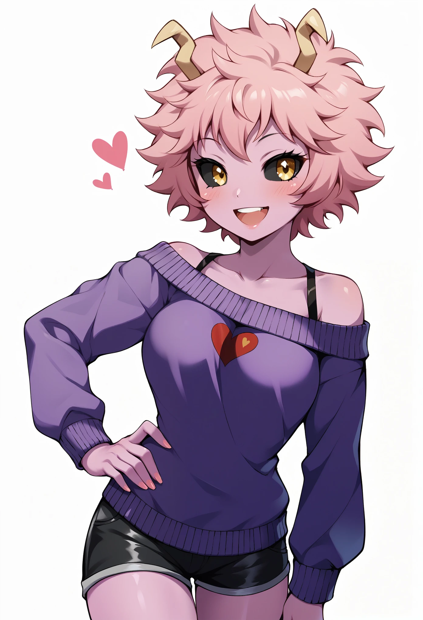 score_9, score_8_up, score_7_up, rating_explicit, female, mina ashido, 1girl, solo, looking at viewer, smile, short hair, open mouth, simple background, long sleeves, white background, bare shoulders, collarbone, yellow eyes, pink hair, :d, heart, cowboy shot, horns, shorts, off shoulder, sweater, hand on hip, v, colored skin, black shorts, colored sclera, black sclera, off-shoulder sweater, pink skin, v over eye, purple sweater