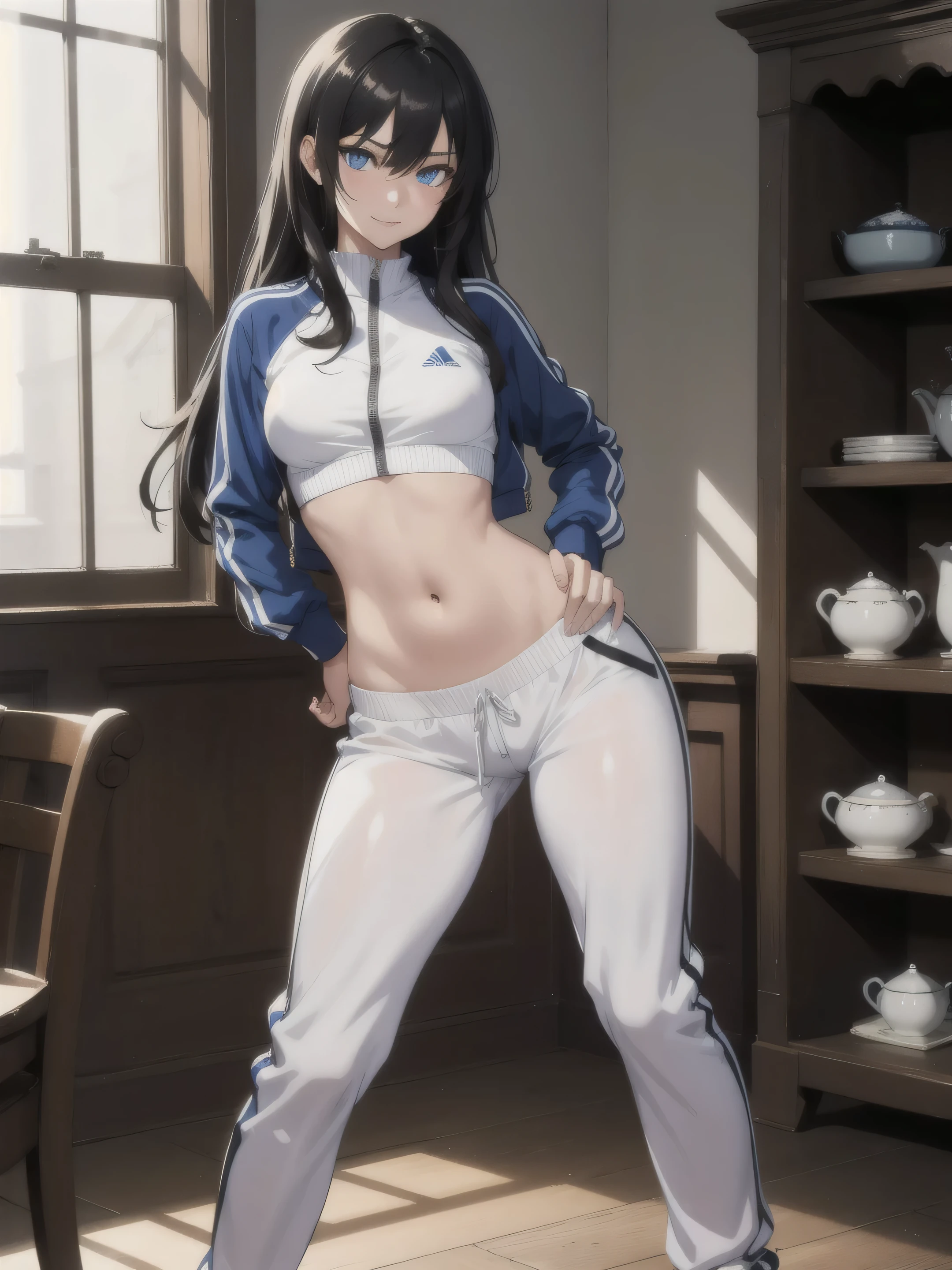 1girl, angry, hair, looking at viewer,(beautiful detailed blue eyes), (Persona:1.1),squatting, spread legs,amagi_yukiko, over size(track suit pants), hand on hips, (line off), (beautiful antique shop room), small open Window, barefoot, smile, ((((A girl who moves her hips left and right)))), ((((white highlight in eyes)))), blue sky, caustics