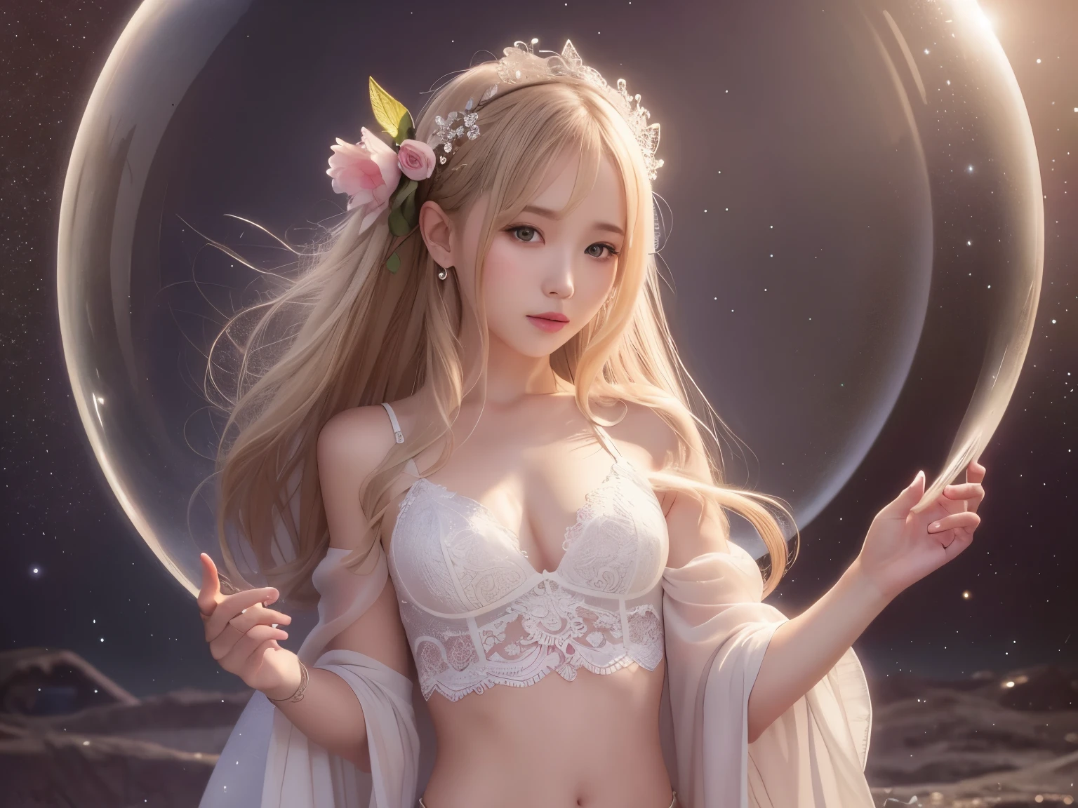 Tabletop, highest quality, (Realistic:1.2),  Cute blonde girl , Fantasy tones, pale dull colors, shiny colors, magic circle, bubble, White smoke 、Clothes with shoulder tops