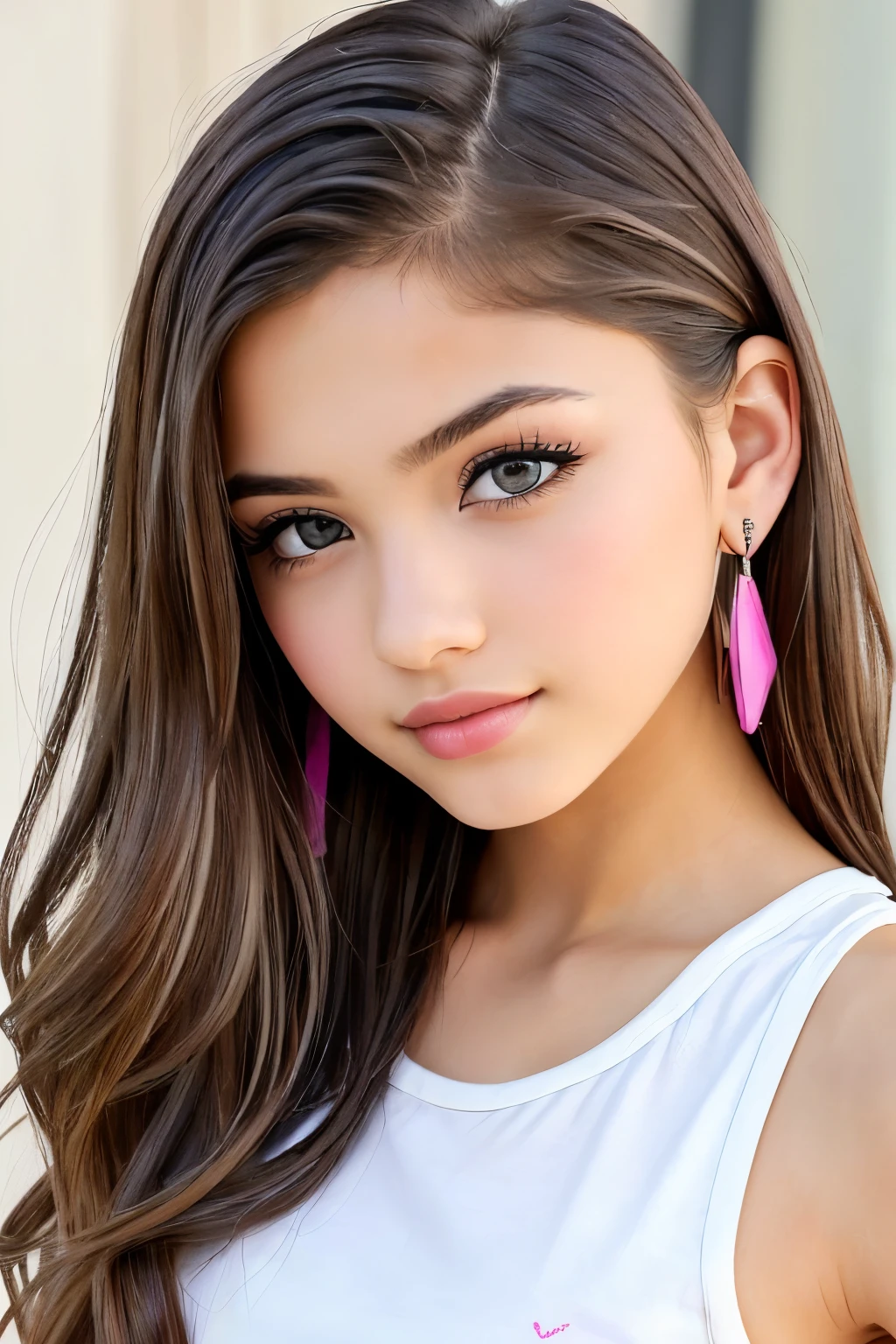 beautiful girl, brown_eyes, ((beautiful slim age girl 18 year old, hair color [Brown highlights hair], [undercut pixie] hair)), earrings, lips, realistic, narrow waist, charming, pink lipstick, colorful makeup, long eyelashes, earrings, wearing eyeliner, fair skin, (cute), (detailed face), detailed eyes, detailed iris, short shorts