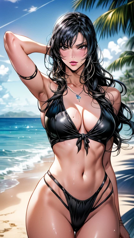 1 girl (master piece:1.2) (detailed:1.2) (highest quality:1.1) (shiny hair) (shiny skin), Nico Robin V2, movie lighting, (wet skin, wet hair, big:1.2), big, (beach, Palm tree), beach, clear water,(blue sky, Cumulonimbus cloud),(Smooth),(hibiscus),laughter, black eye, one piece, Nico Robin, Huge_chest, ~ side、masterpiece、highest quality、Super fine、High resolution、Very detailed photos、(natural skin texture、fine skin、hyper realism、Super sharpness)、high detail skin、(Very detailed、Fine skin texture、intricate details、one piece swimsuit、