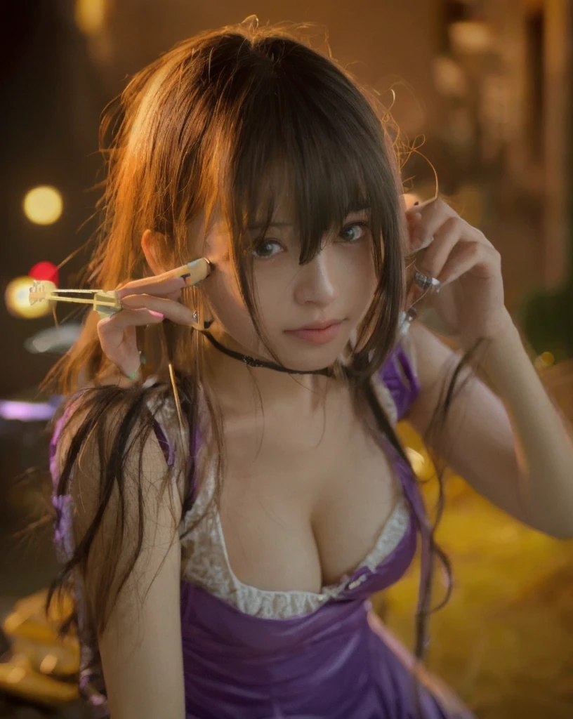 highest quality、masterpiece、超A high resolution、(Photorealistic:1.4)、RAW Photos、1 girl、Black Hair、Glowing Skin、Cyberpunk Girl、((Ultra-Realistic Details))、Portrait、Global Illumination、Shadow、Octane Rendering、In 8K、Super sharp、Huge 、Bare skin exposed in the cleavage、Metal、Intricate decorative details、More about Gothic ta、Luminous tube、Analog Meter、Equipment wheel、Equipment、Golden hydraulic cylinder、Very intricate details、Realistic Light、CGSoation Trend、Purple eyes、Shining Eyes、To the camera、Neon Details、Mechanical Limbechanical vertebrae attached to the back of the blood vessels connected to the tubes、Attaching a mechanical cervical vertebra to the neck、Sit on、Wires and cables connected to the head、Small LED Lamp、
