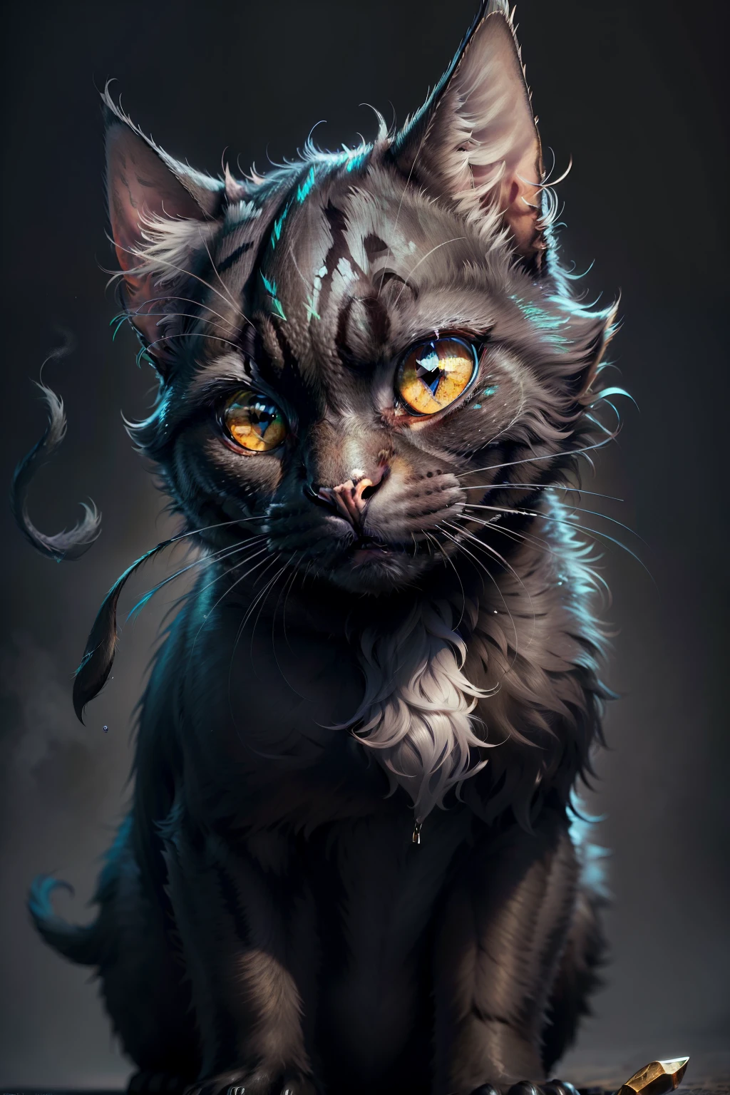 (best quality,highres,ultra-detailed,realistic:1.37),black cat with heterochromia,illustration,close-up,expressive eyes,soft fur,playful posture,subtle lighting,vivid colors,pointed ears,curious expression,whiskers,green and blue eyes,contrast detail,cat's face,shadows,detail-oriented rendering,rich textures,meticulous attention to detail,animal portrait