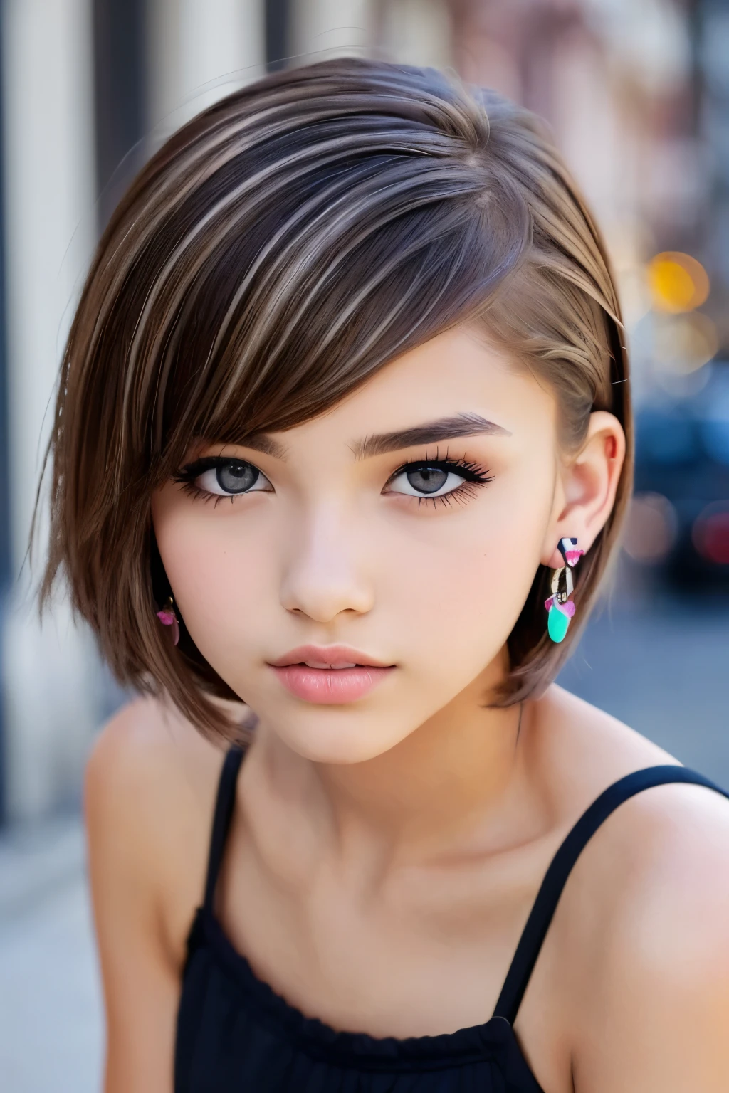 beautiful girl, brown_eyes, ((beautiful slim teenage girl 18 year old, hair color [Brown highlights hair], [undercut pixie] hair)), earrings, lips, realistic, narrow waist, charming, pink lipstick, colorful makeup, long eyelashes, earrings, wearing eyeliner, fair skin, (cute), (detailed face), detailed eyes, detailed iris, short shorts