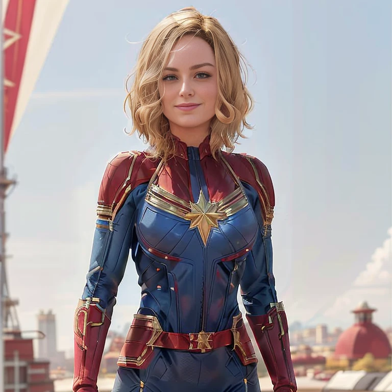 masterpiece, best quality, Brie Larson as Captain Marvel, cptmarvel, bodysuit, red gloves, belt, large breasts, toned, smile, cowboy shot, looking at viewer, sky, cityscape, blue sky