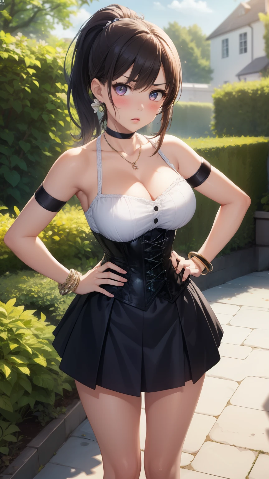 1girl, natural lighting, masterpiece, highly detailed, illustration, game CG, absurdres, high quality, aichan, large breasts, beautiful detailed eyes, medium hair, ponytail, bangs, glossy lips, lips parted, blush, garden, standing, corset, miniskirt, collarbone, cleavage, jewelry, choker, necklace, bracelets, armband, annoyed, hands on hips