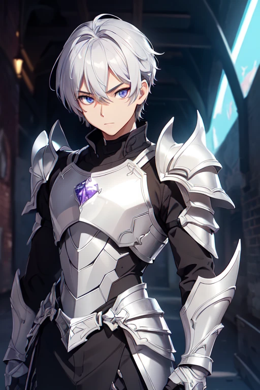/(Alone),(boy),(man),(16 year old teenager),(height 1.80),(young man),(EARTH 7 skin color ),(eyes with brown irises and purple pupils with the divine brilliant iris),(wearing),+,(male armor),(masterpiece,),(perfect),(beautiful armor),/((colorful)),((colorful anime)),((style Anime)),(an elegant and shiny silver armor with the right side with shiny white tone, and the left side shiny black, beautiful armor)