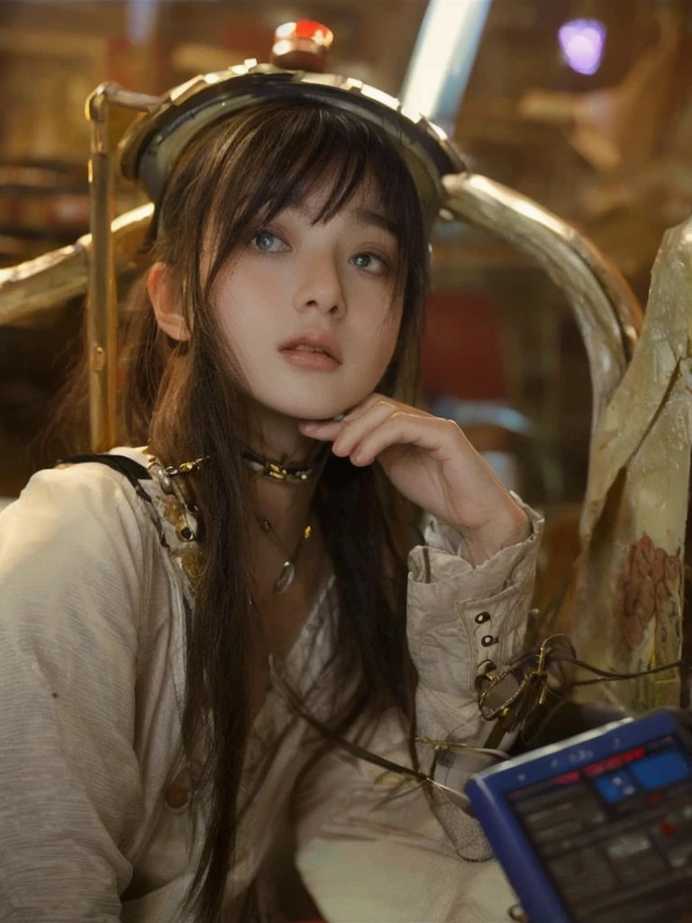 highest quality、masterpiece、超A high resolution、(Photorealistic:1.4)、RAW Photos、1 girl、Black Hair、Glowing Skin、Cyberpunk Girl、((Ultra-Realistic Details))、Portrait、Global Illumination、Shadow、Octane Rendering、In 8K、Super sharp、Huge 、Bare skin exposed in the cleavage、Metal、Intricate decorative details、More about Gothic Lolita、Luminous tube、Analog Meter、Equipment wheel、Equipment、Golden hydraulic cylinder、Very intricate details、Realistic Light、CGSoation Trend、Purple eyes、Shining Eyes、To the camera、Neon Details、Mechanical Limbechanical vertebrae attached to the back of the blood vessels connected to the tubes、Attaching a mechanical cervical vertebra to the neck、Sit on、Wires and cables connected to the head、Small LED Lamp、