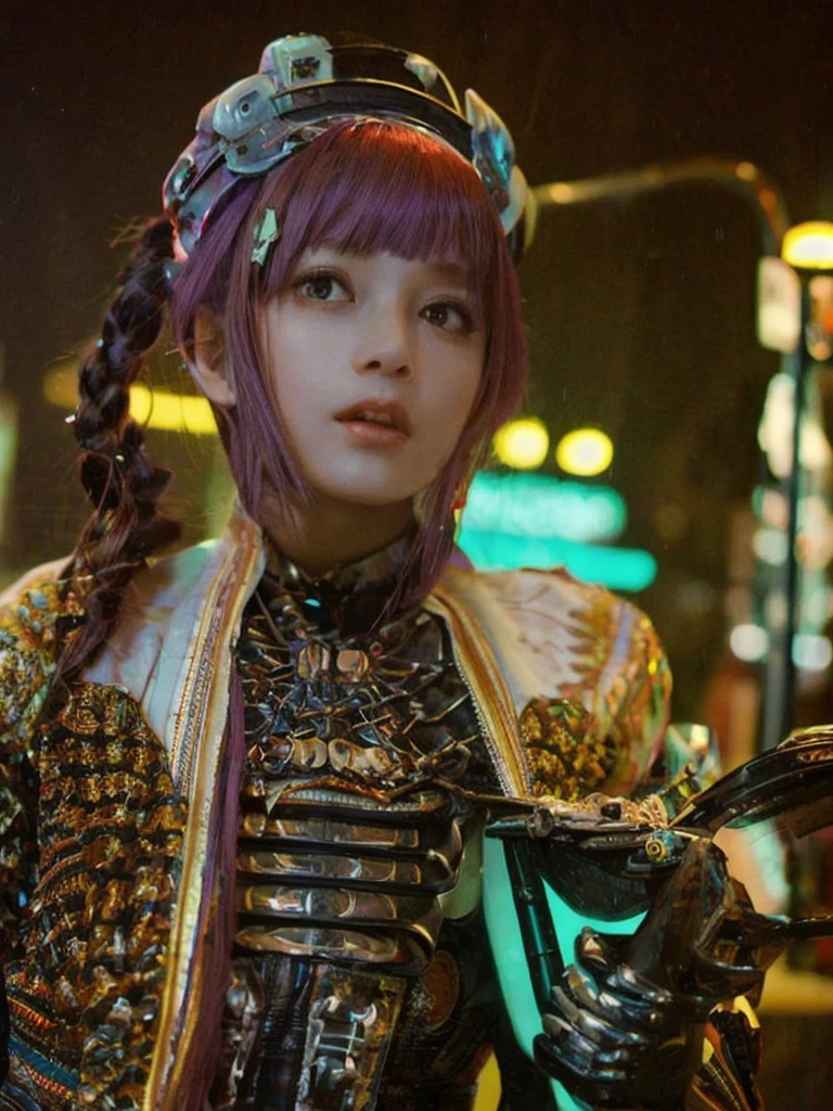 highest quality、masterpiece、超A high resolution、(Photorealistic:1.4)、RAW Photos、1 girl、Black Hair、Glowing Skin、Cyberpunk Girl、((Ultra-Realistic Details))、Portrait、Global Illumination、Shadow、Octane Rendering、In 8K、Super sharp、Huge 、Bare skin exposed in the cleavage、Metal、Intricate decorative details、More about Gothic ta、Luminous tube、Analog Meter、Equipment wheel、Equipment、Golden hydraulic cylinder、Very intricate details、Realistic Light、CGSoation Trend、Purple eyes、Shining Eyes、To the camera、Neon Details、Mechanical Limbechanical vertebrae attached to the back of the blood vessels connected to the tubes、Attaching a mechanical cervical vertebra to the neck、Sit on、Wires and cables connected to the head、Small LED Lamp、
