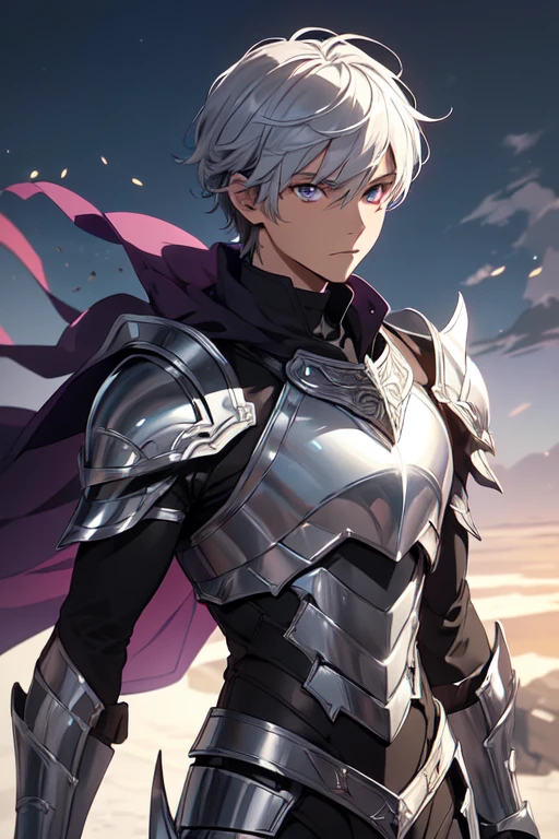 /(Alone),(boy),(man),(16 year old teenager),(height 1.80),(young man),(Super dark earthy skin color  ),(eyes with brown irises and purple pupils with the divine brilliant iris),(wearing),+,(male armor),(masterpiece,),(perfect),(beautiful armor),/((colorful)),((colorful anime)),((style Anime)),(an elegant and shiny silver armor with the right side with shiny white tone, and the left side shiny black, beautiful armor)