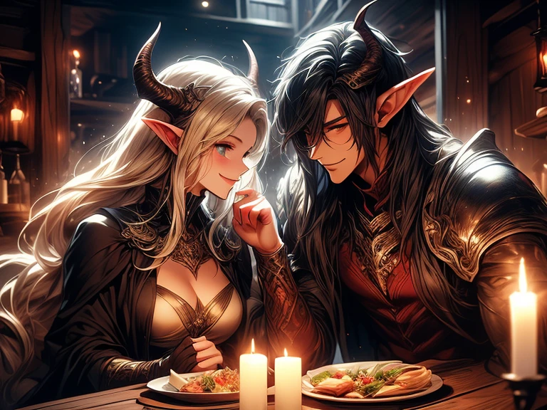 (wooden background (no windows) (no sunlight) (only candle light) a blue long haired male elf with muscles and demon horns wearing armor sitting next to blonde female elf in a tavern, they are lovers, sitting close in a tavern, feast together, medieval tavern, lovers, dark tavern, only candle light, smiling bright, dark wooden tavern, no windows, male elf smiling