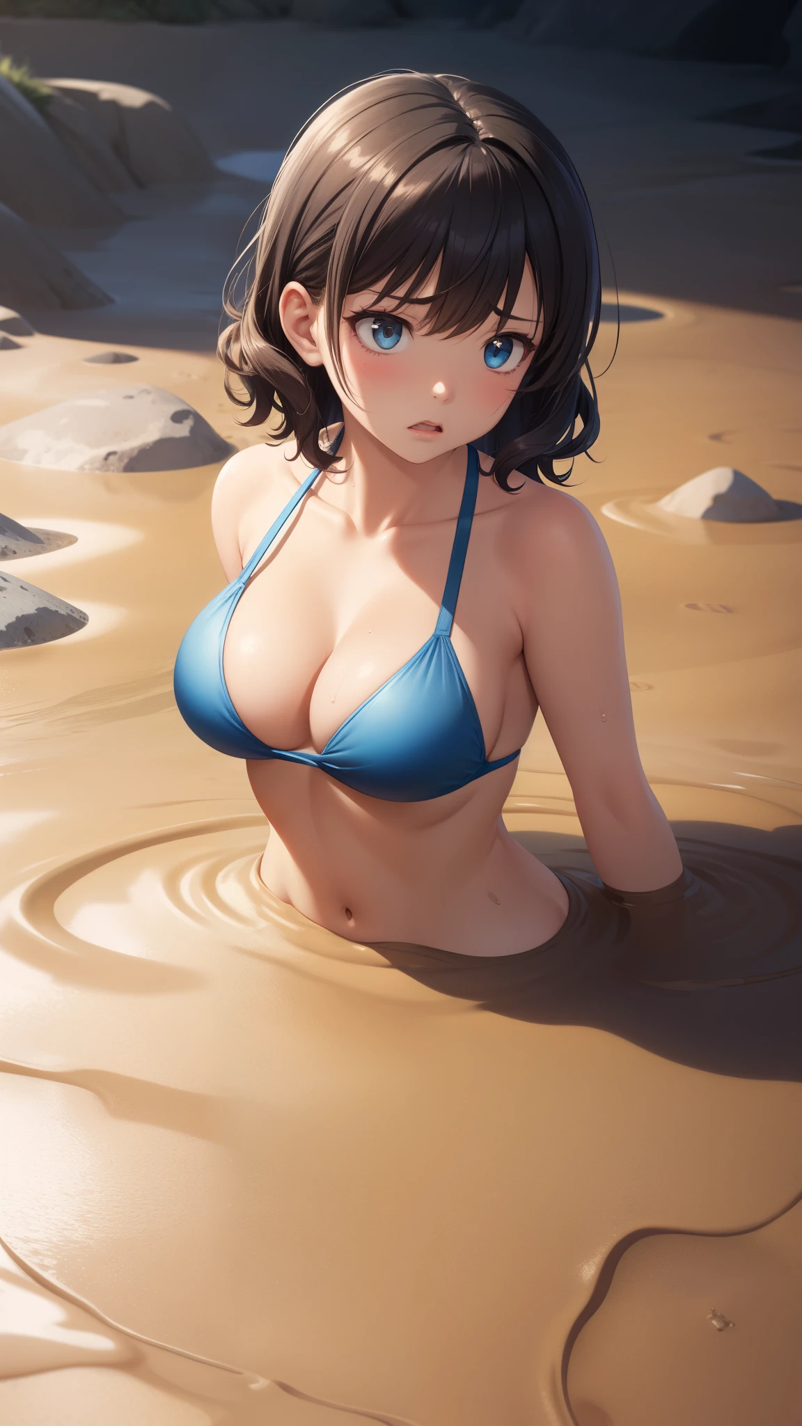 1girl, natural lighting, masterpiece, highly detailed, illustration, game CG, absurdres, high quality, aichan, large breasts, beautiful detailed eyes, medium curly hair, bangs, glossy lips, upset, scared, swimsuit, (quicksand:1.3)