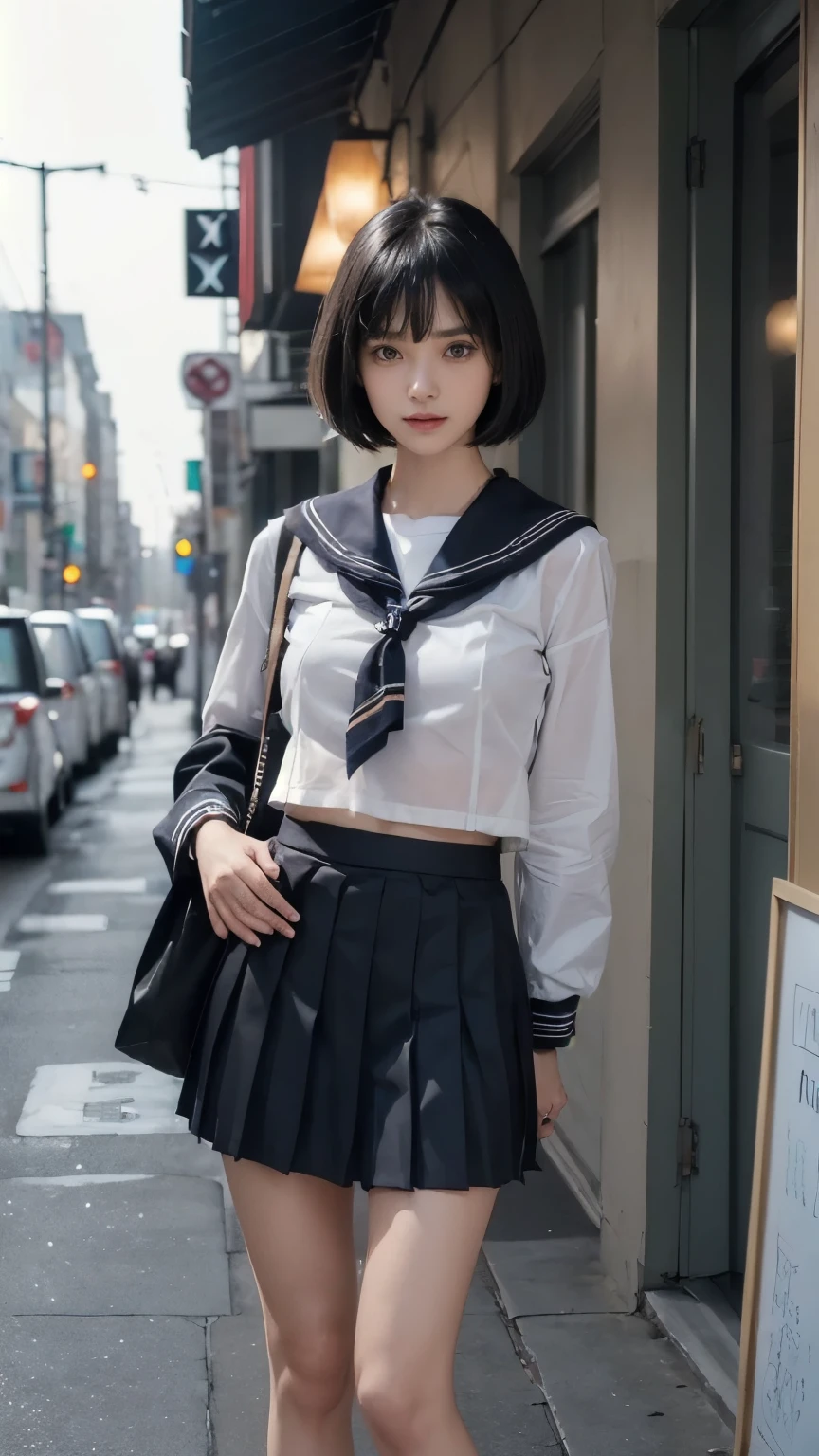 (((Clothing:2.0, Sailor school uniform:2.0, Pleated mini skirt:1.8))), (Wet:1.5, See-through:1.5), ((Modern city:1.8)), ((A grin:1.3, Short Hair:1.2, slender:1.5, Small Ass:1.5)), ((Japanese, 1 Girl, 18-year-old, 7 heads, Ideal body proportions, Black Hair, With bangs, Small breasts, Erect nipples, slender, Small Ass, Beautiful feet, Skinny Legs)), Surrealism, Cinematic Lighting, Depth of written boundary, First Person View, F/1.8, 135mm, Ticker, Mastepiece, Curate, ((Anatomically correct:1.3)), Textured skin, Super Detail, High detail, High quality, Awards, Best Quality, High resolution, 8K