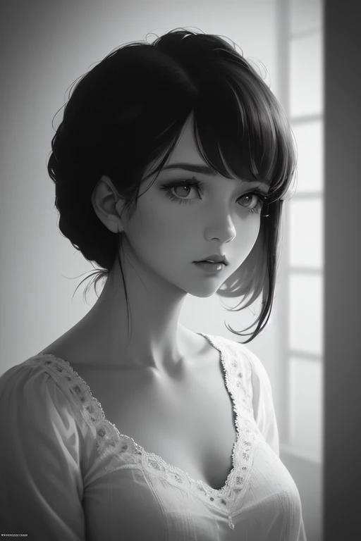 (a girl,black and white,monochrome,classic,portrait,tasteful,striking contrast,high contrast:1.1),vintage film,old-fashioned,beautiful detailed eyes,beautiful detailed lips,natural beauty,delicate features,classic hairstyle,black attire,elegant pose,dreamlike atmosphere,soft lighting,subtle shadows,graceful,ethereal,black and white photography noir,subdued tones,subtle texture,artistic,highly detailed,emotive expression,finely crafted lines,sophisticated imagery,vintage aesthetic,depth and dimensionality