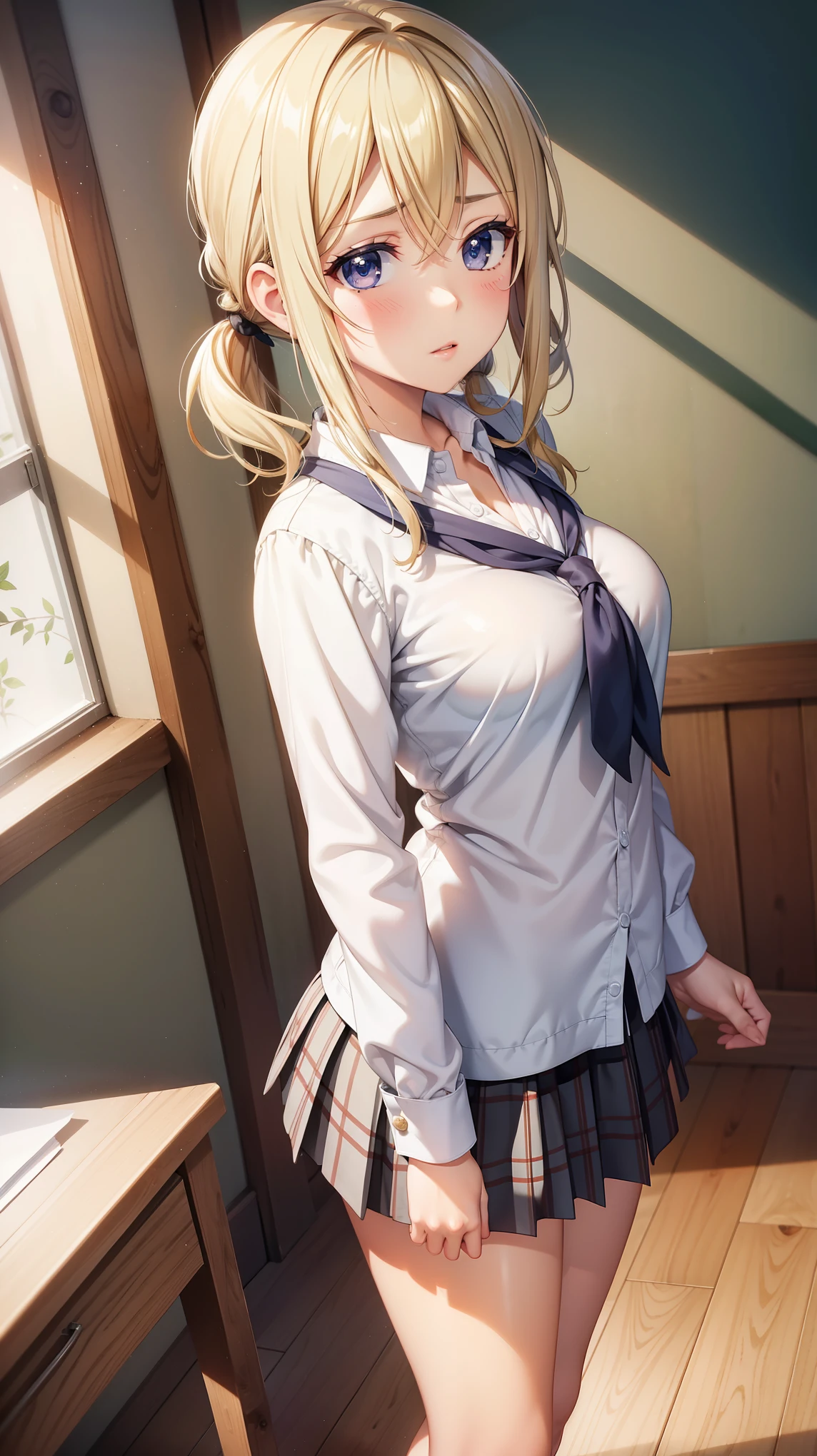 1girl, natural lighting, masterpiece, highly detailed, illustration, game CG, absurdres, high quality, beautiful detailed eyes, glossy lips, natural lighting, medium breasts, blonde hair, low twintails, bangs, hair between eyes, arisa ayase, aahiyori, short hair, standing, annoyed, school, white shirt, plaid pleated miniskirt