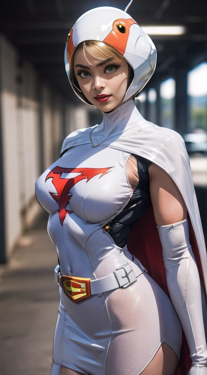 straight-on,pose,looking at viewer,BREAK, ANI_CLASSIC_jun_gatchaman_ownwaifu,www.ownwaifu.com, long hair,breasts,green eyes,lips,medium breasts,blonde hair,lipstick,makeup, gloves,cape,helmet,belt,elbow gloves,white gloves,mask,skirt,leotard,spacesuit,white legwear,pink dress,superhero,bodysuit, official art,extremely detailed CG unity 8k wallpaper, perfect lighting,Colorful, Bright_Front_face_Lighting,shiny skin, (masterpiece:1.0),(best_quality:1.0), ultra high res,4K,ultra-detailed, photography, 8K, HDR, highres, (absurdres:1.2), Kodak portra 400, film grain, blurry background, (bokeh:1.2), lens flare, (vibrant_color:1.2),professional photograph, (beautiful_face:1.5),