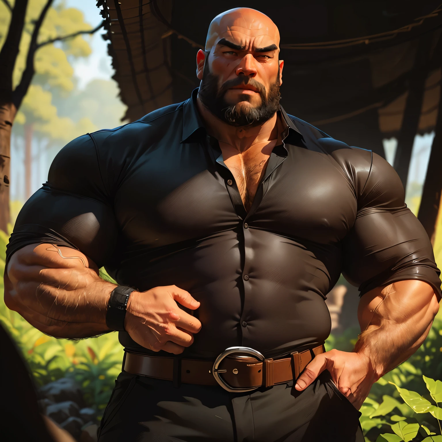 an exaggeratedly muscular and large bodyguard, grizzly old man, (bald: 1.2), beard, tan skin, (scars on face: 1.1), (suspicious expression: 1.1), (wearing black collared shirt: 1.2), unbuttoned, pants with belt, (crotch bulge: 1.2), (bara pecs: 1.3), (hairy chest and forearms: 1.2), portrait HD, in the jungle
