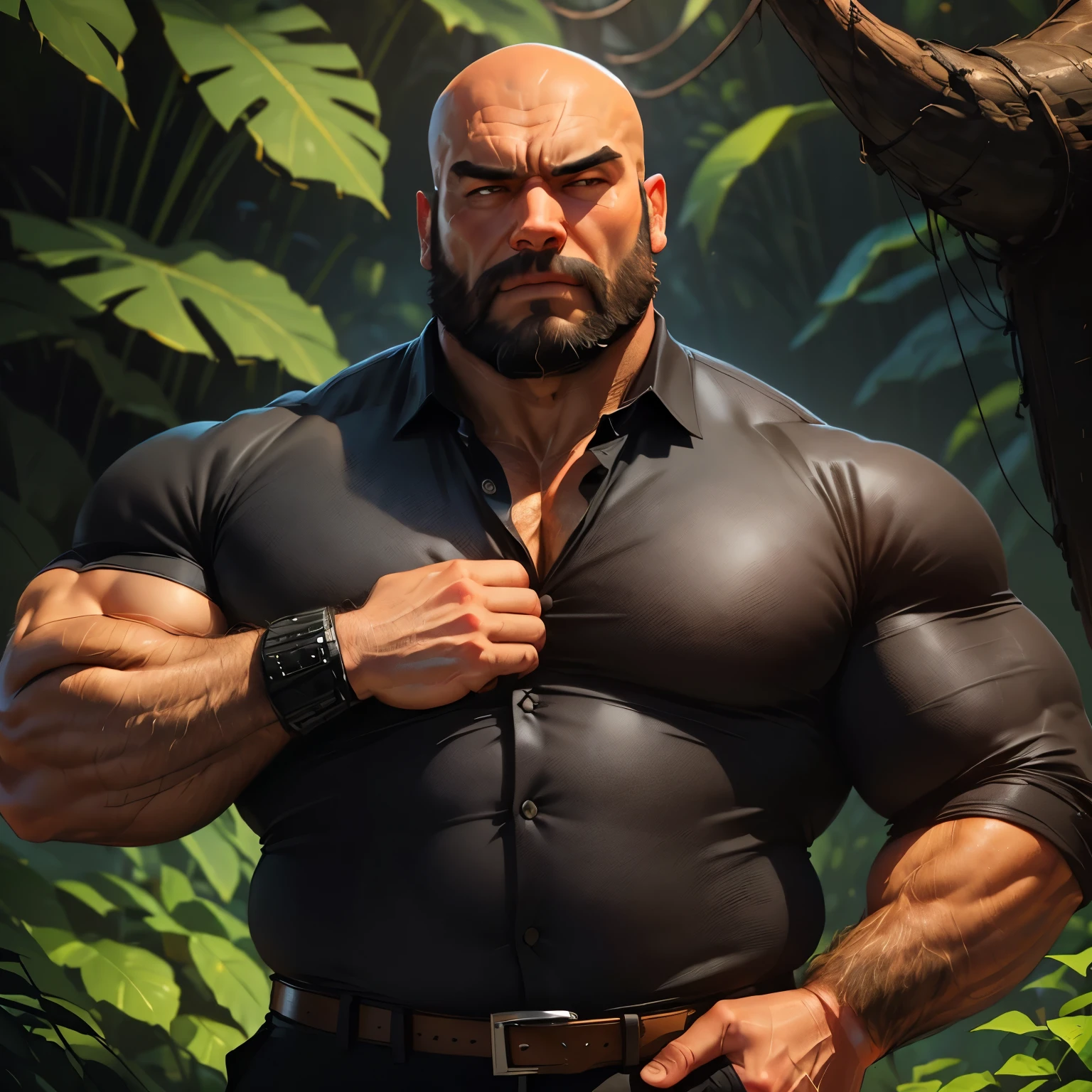 an exaggeratedly muscular and large bodyguard, grizzly old man, (bald: 1.2), beard, tan skin, (scars on face: 1.1), (suspicious expression: 1.1), (wearing black collared shirt: 1.2), unbuttoned, pants with belt, (crotch bulge: 1.2), (bara pecs: 1.3), (hairy chest and forearms: 1.2), portrait HD, in the jungle